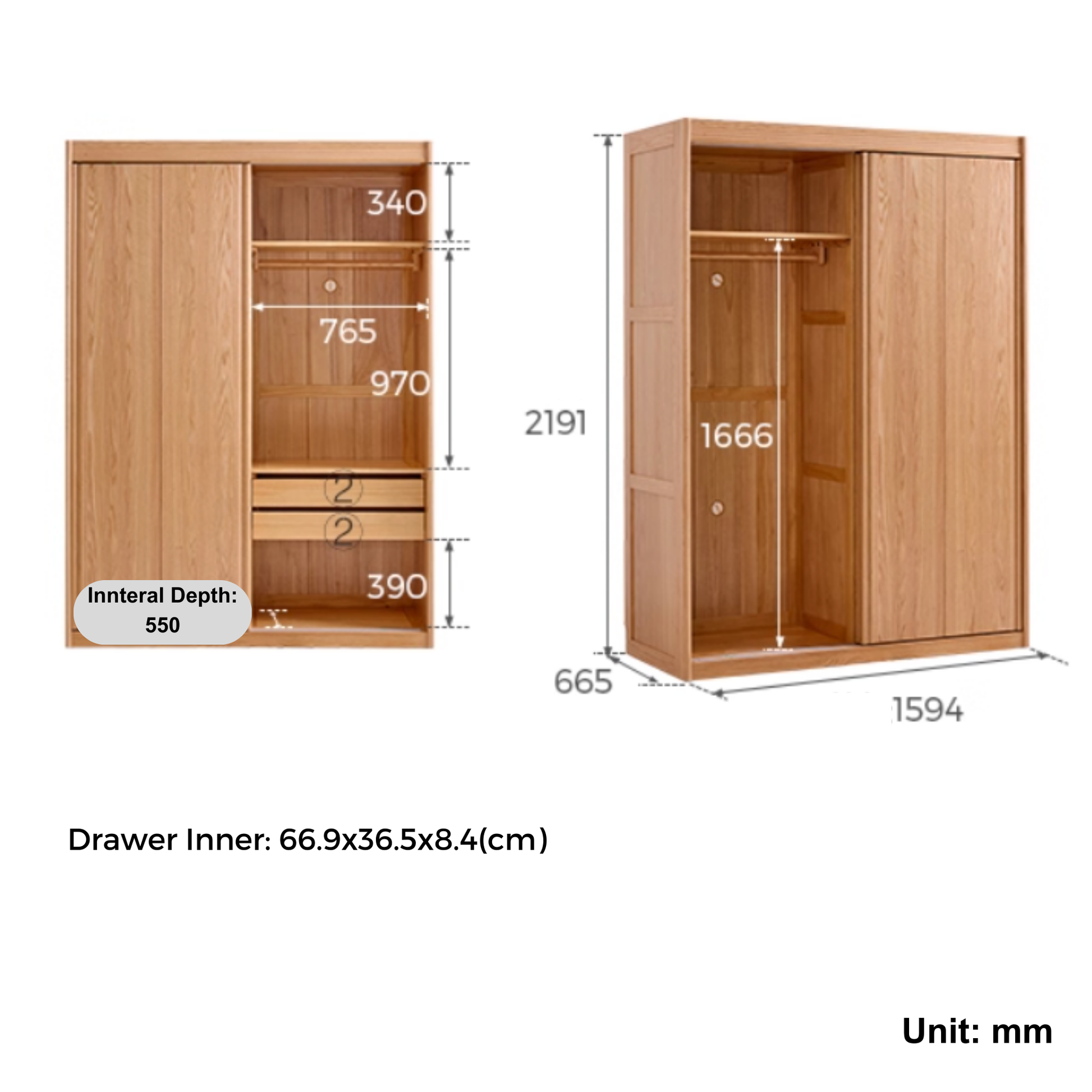Linspire Rivna Solid Wood Wardrobe, Oak, W160cm