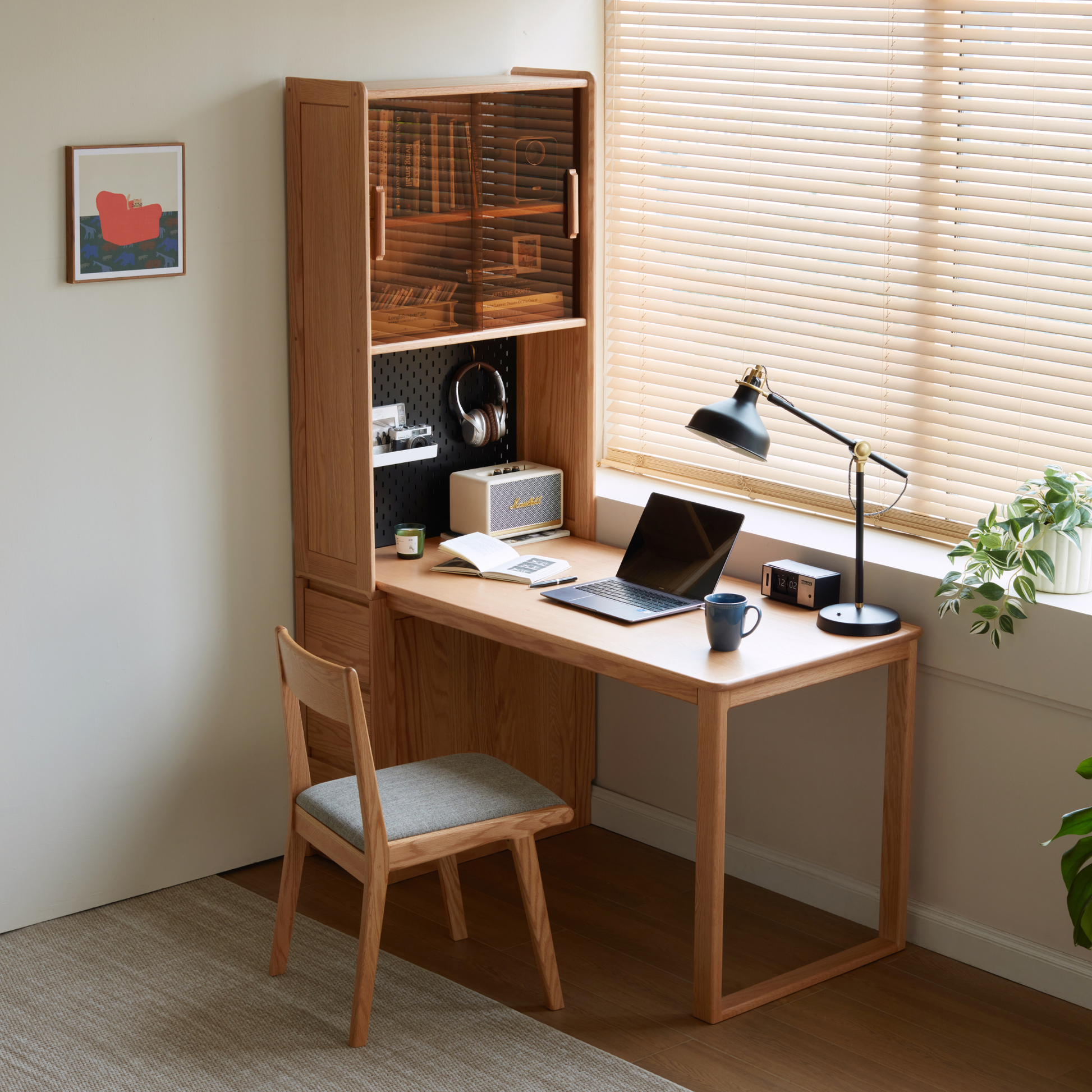Linspire Rivna Solid Wood Office Desk with Pegboard, Oak