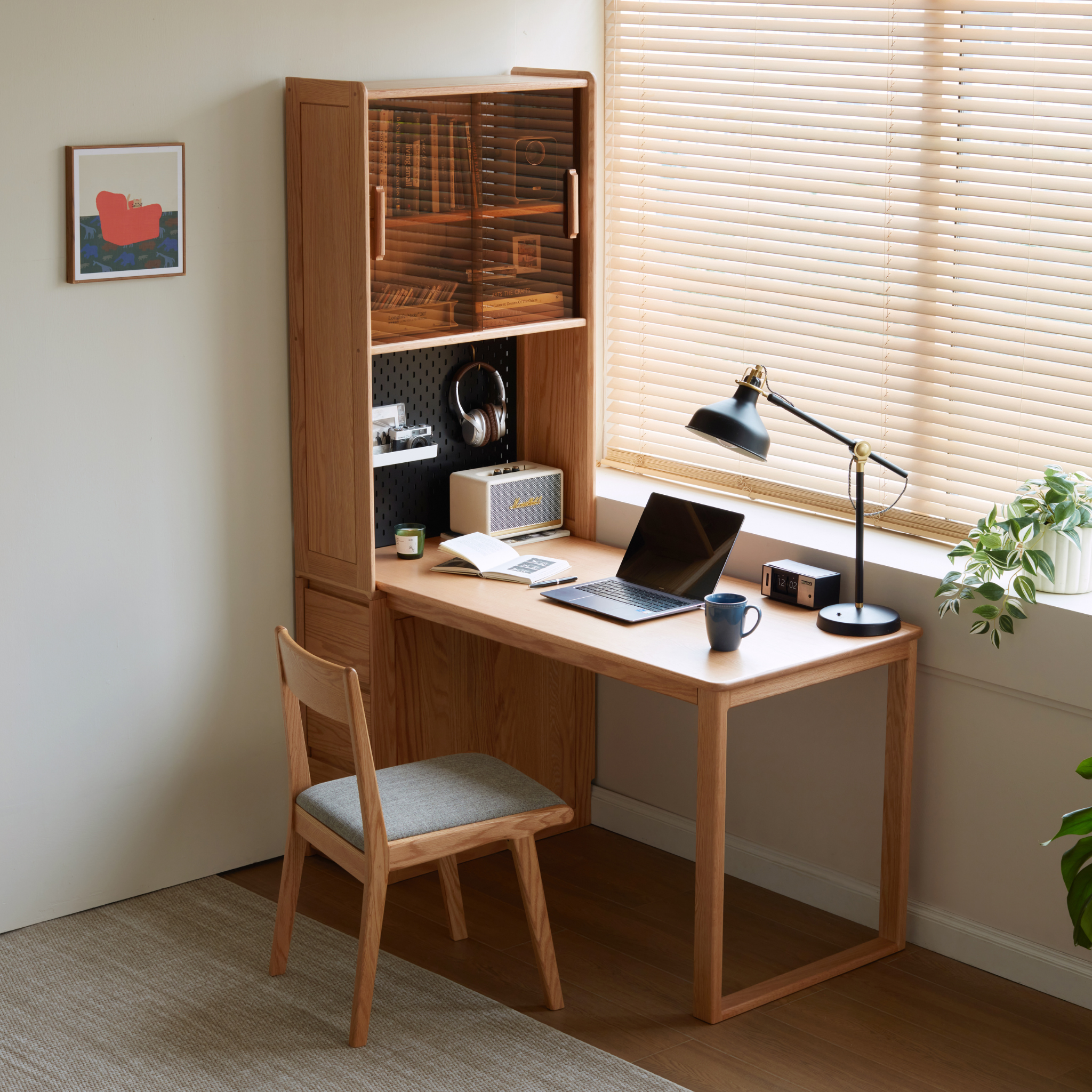 Linspire Rivna Solid Wood Office Desk with Pegboard, Oak