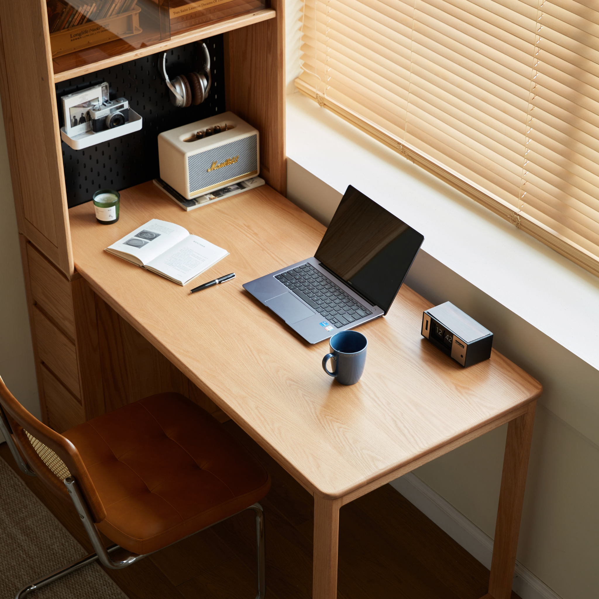 Linspire Rivna Solid Wood Office Desk with Pegboard, Oak