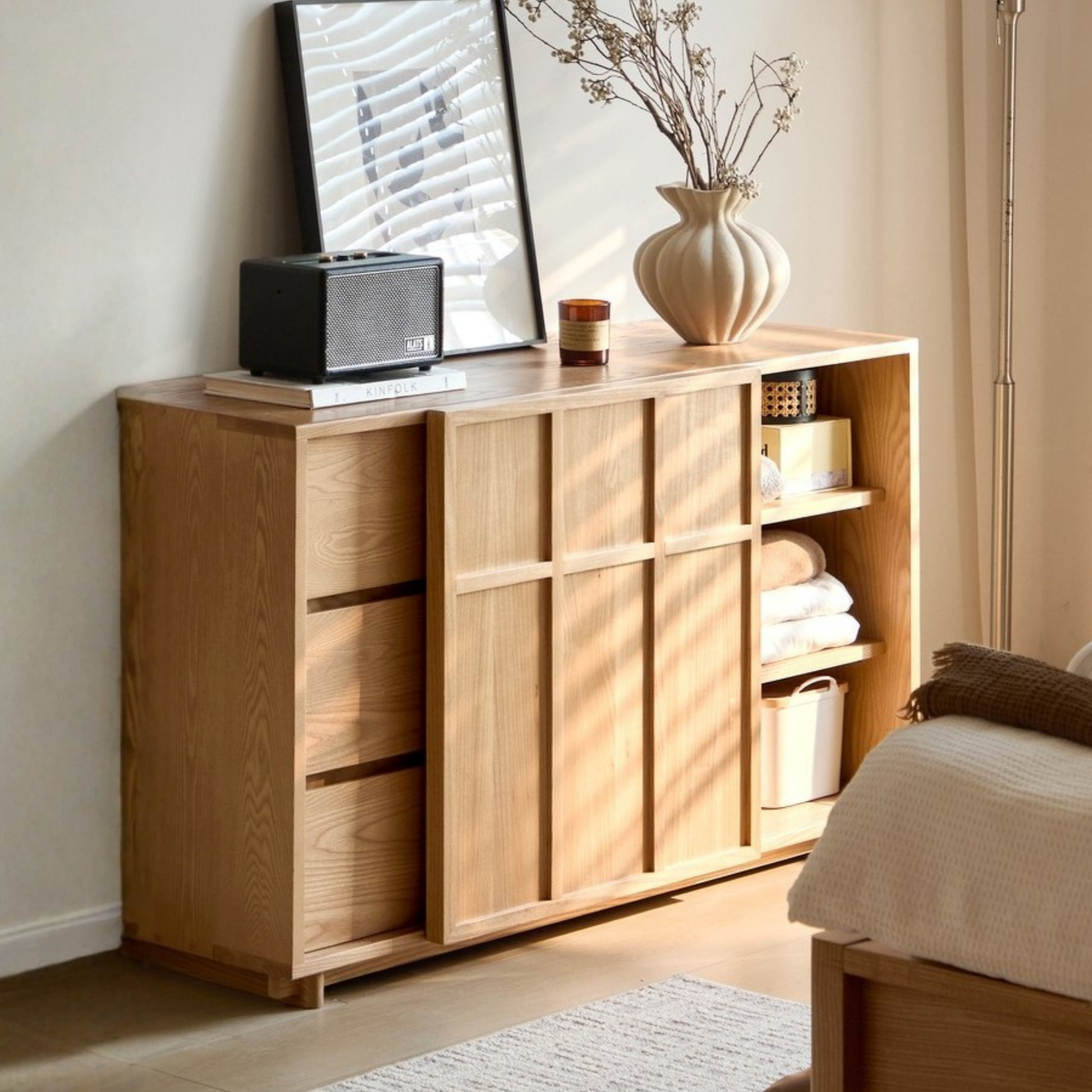 Linspire Valen Solid Wood Sideboard with Sliding Doors, Ash