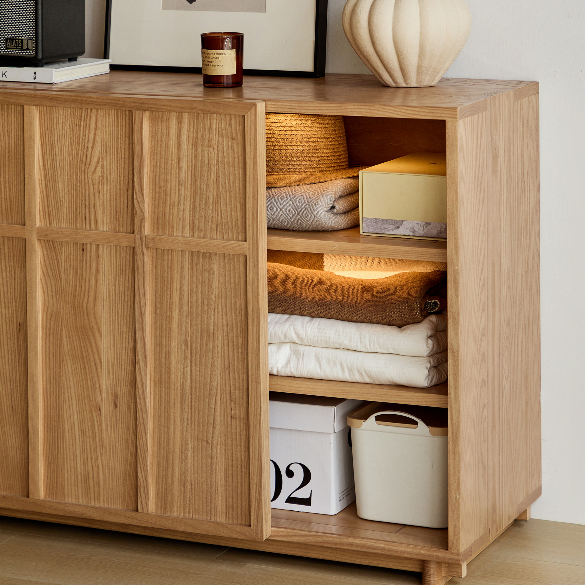 Linspire Valen Solid Wood Sideboard with Sliding Doors, Ash