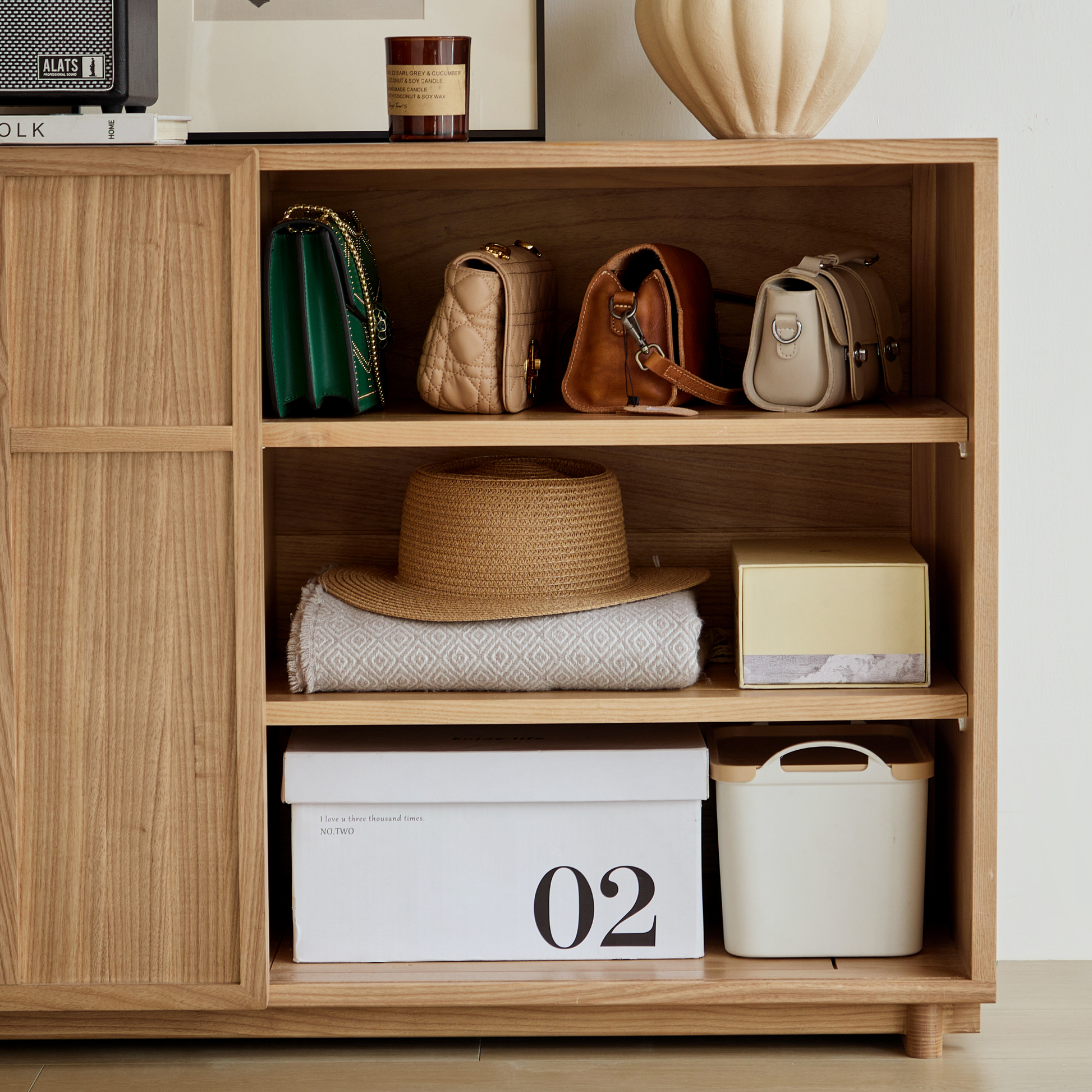 Linspire Valen Solid Wood Sideboard with Sliding Doors, Ash