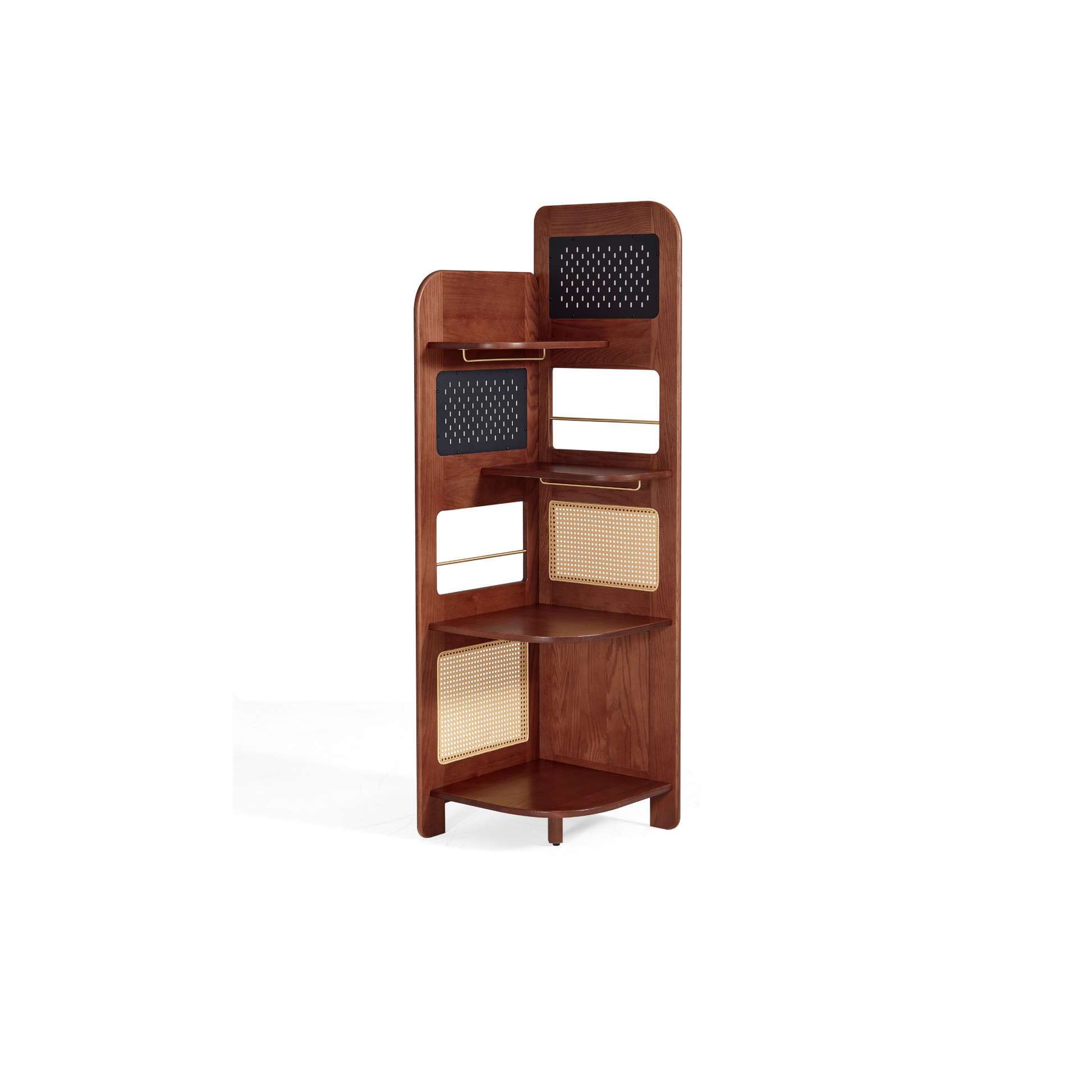 Linspire Walden Solid Wood & Rattan Shelving Unit with Pegboard, Walnut Oak