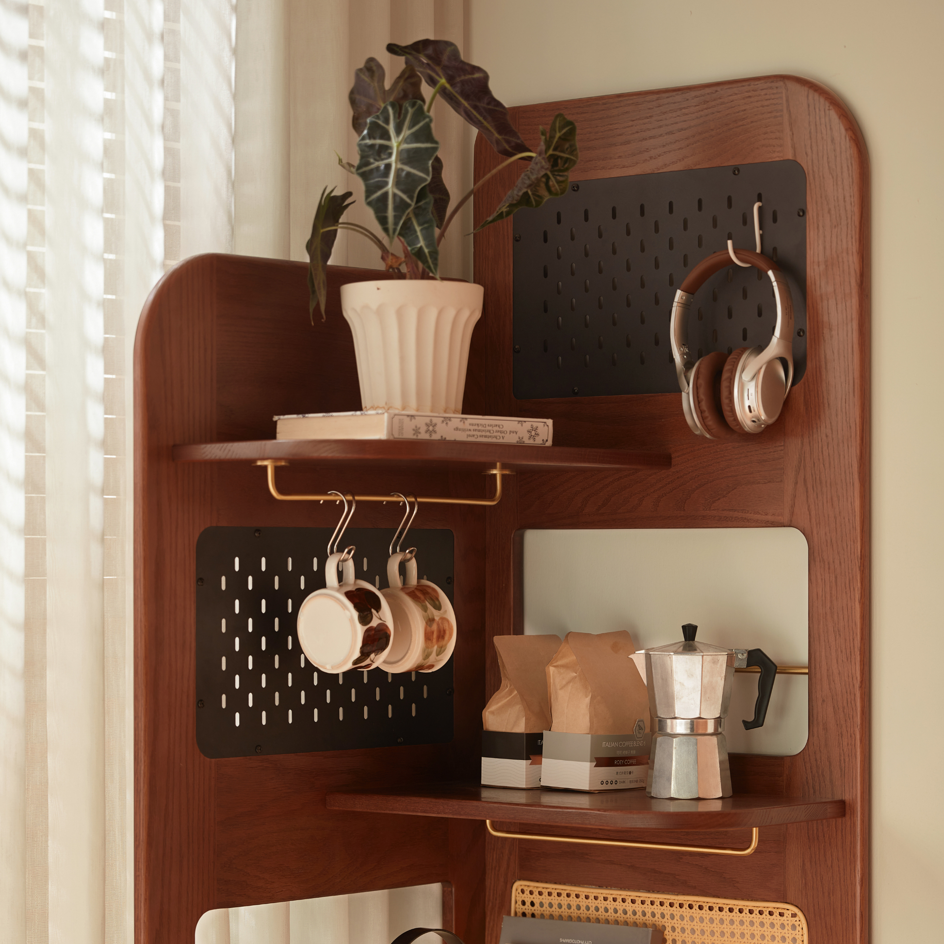 Linspire Walden Solid Wood & Rattan Shelving Unit with Pegboard, Walnut Oak
