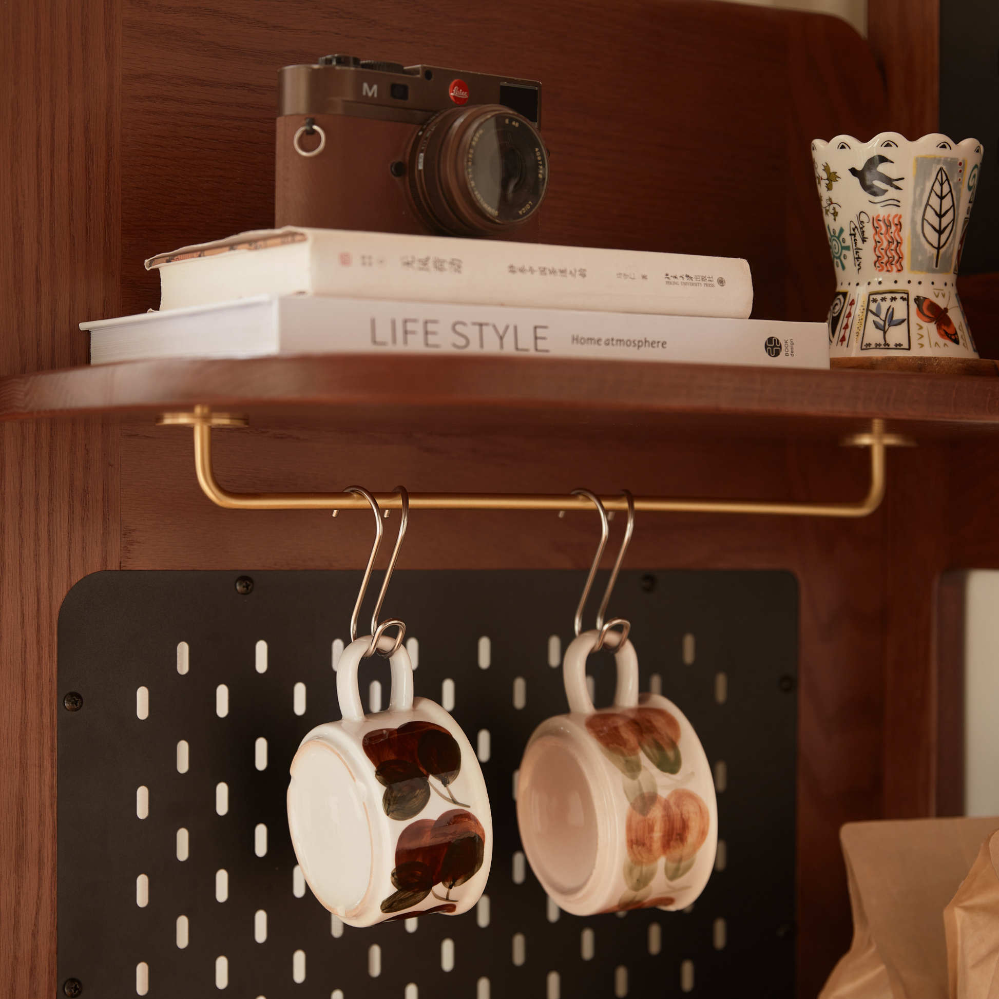 Linspire Walden Solid Wood & Rattan Shelving Unit with Pegboard, Walnut Oak