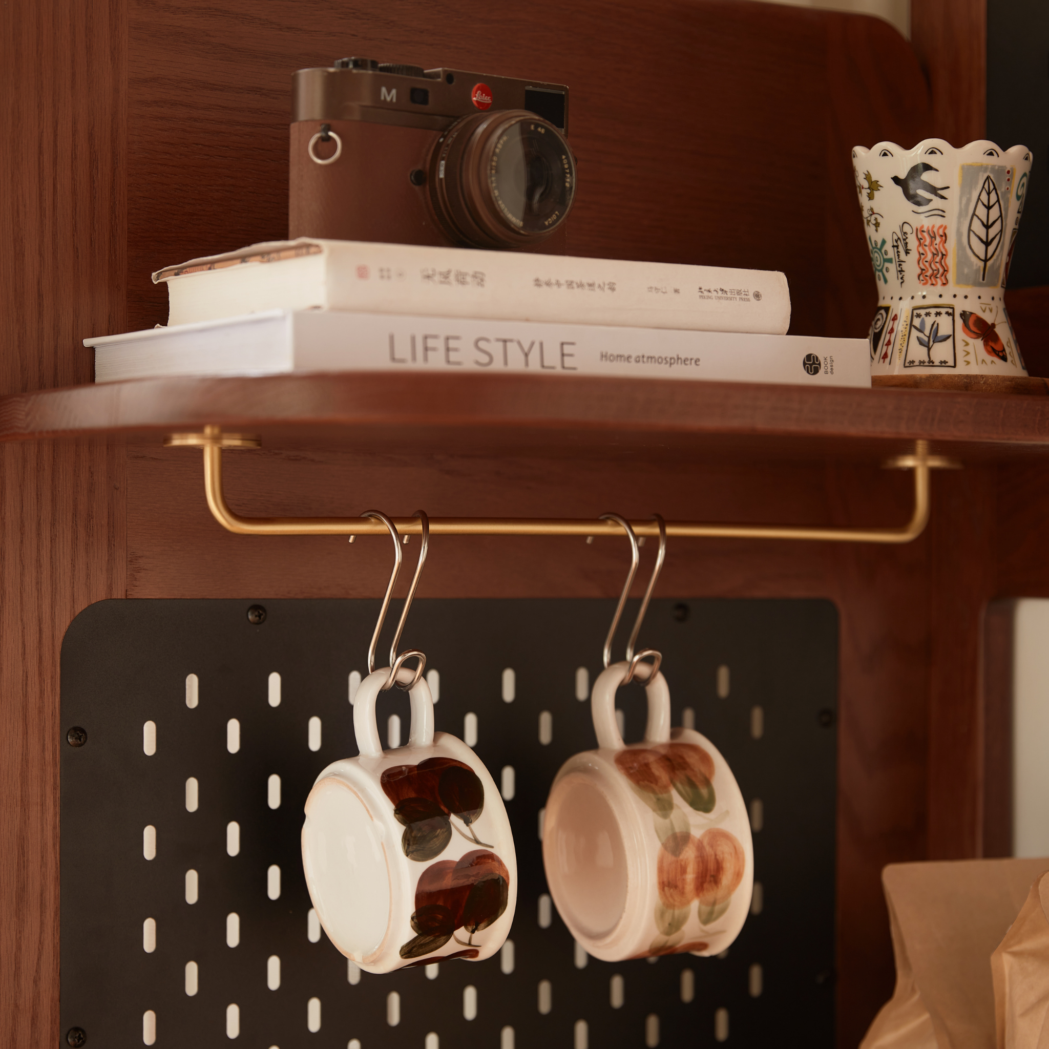 Linspire Walden Solid Wood & Rattan Shelving Unit with Pegboard, Walnut Oak