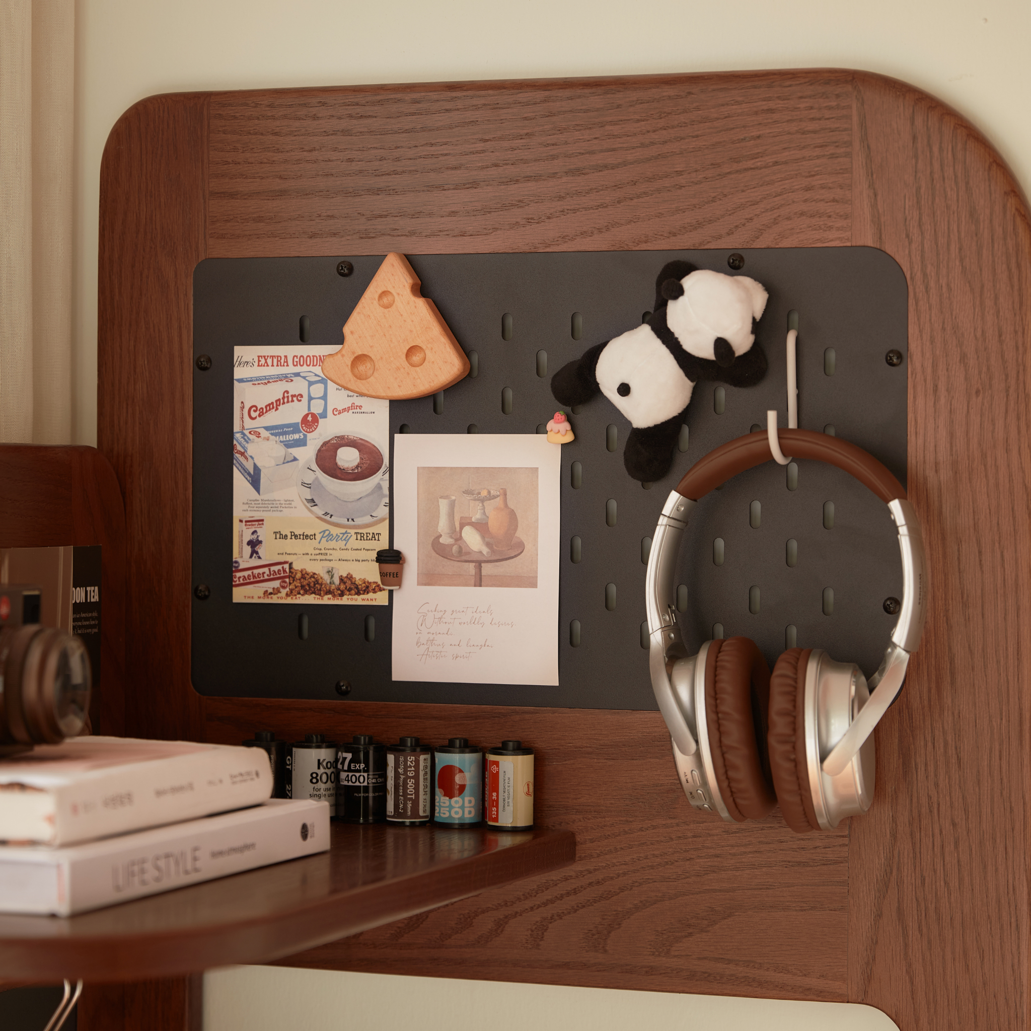 Linspire Walden Solid Wood & Rattan Shelving Unit with Pegboard, Walnut Oak