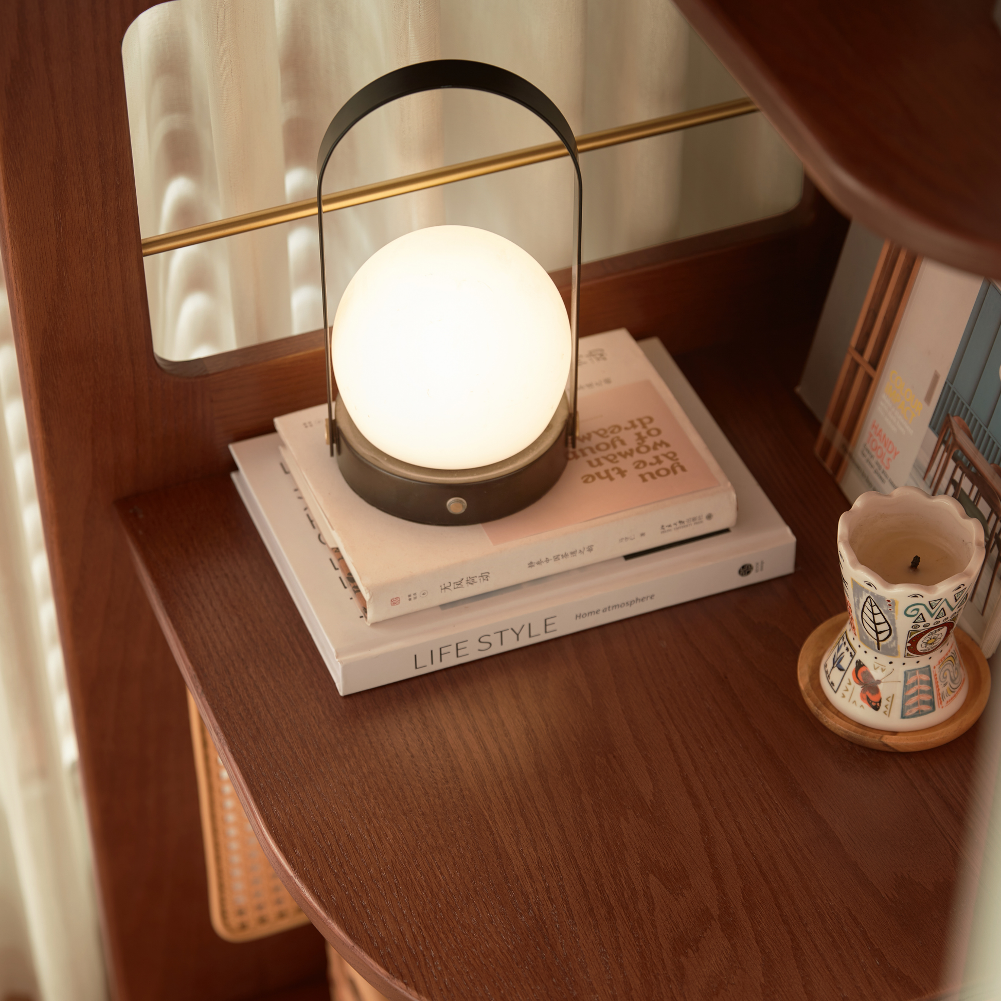 Linspire Walden Solid Wood & Rattan Shelving Unit with Pegboard, Walnut Oak