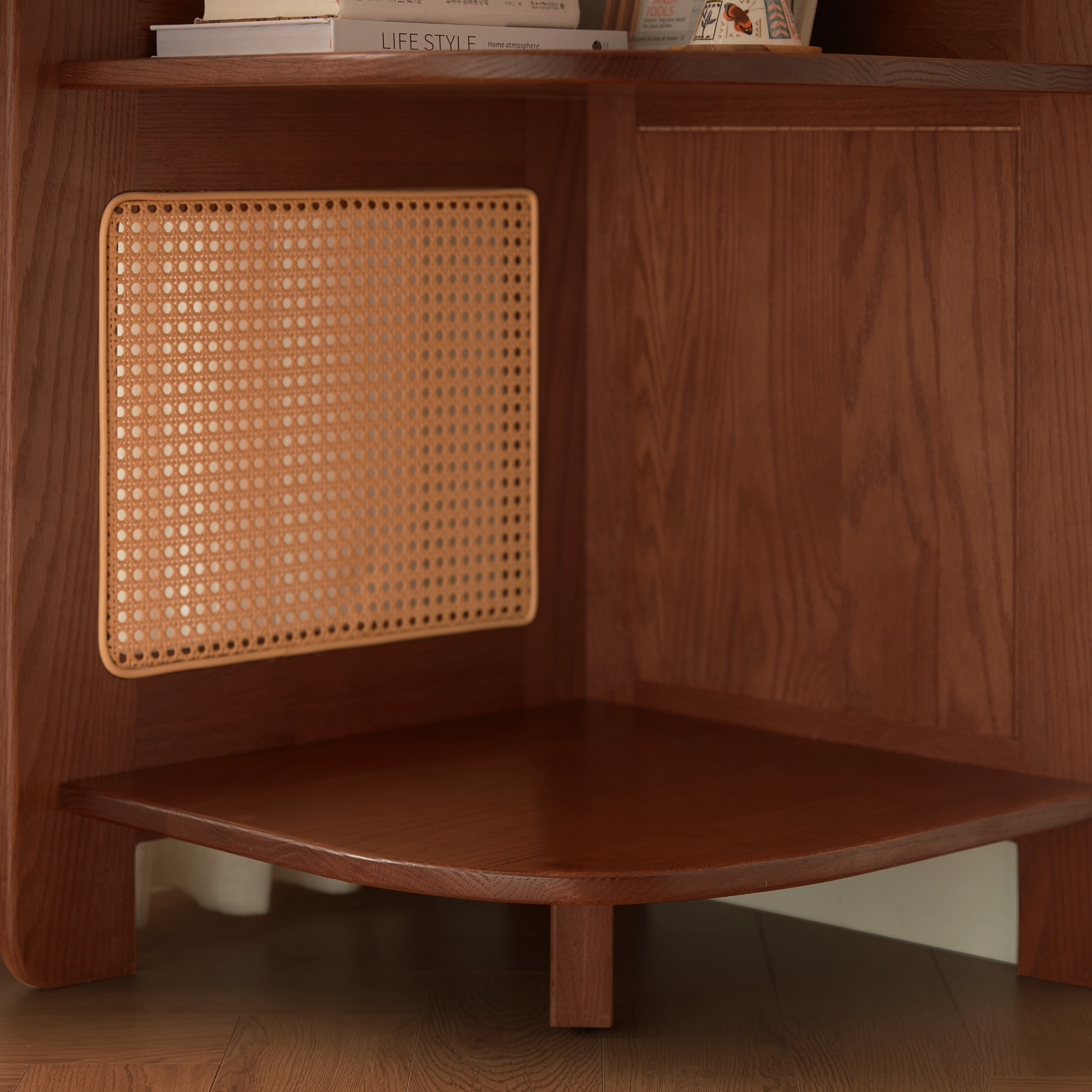 Linspire Walden Solid Wood & Rattan Shelving Unit with Pegboard, Walnut Oak