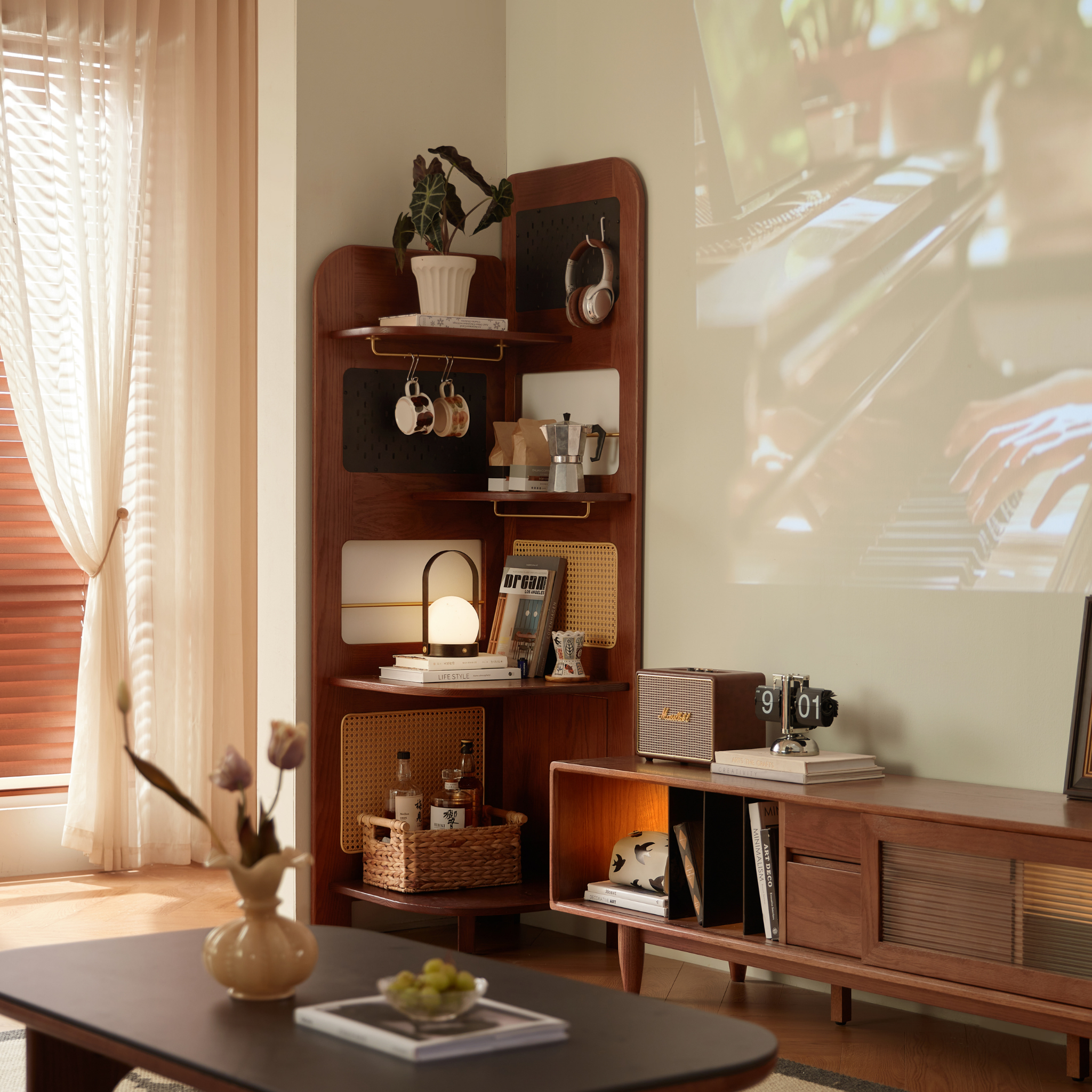 Linspire Walden Solid Wood & Rattan Shelving Unit with Pegboard, Walnut Oak