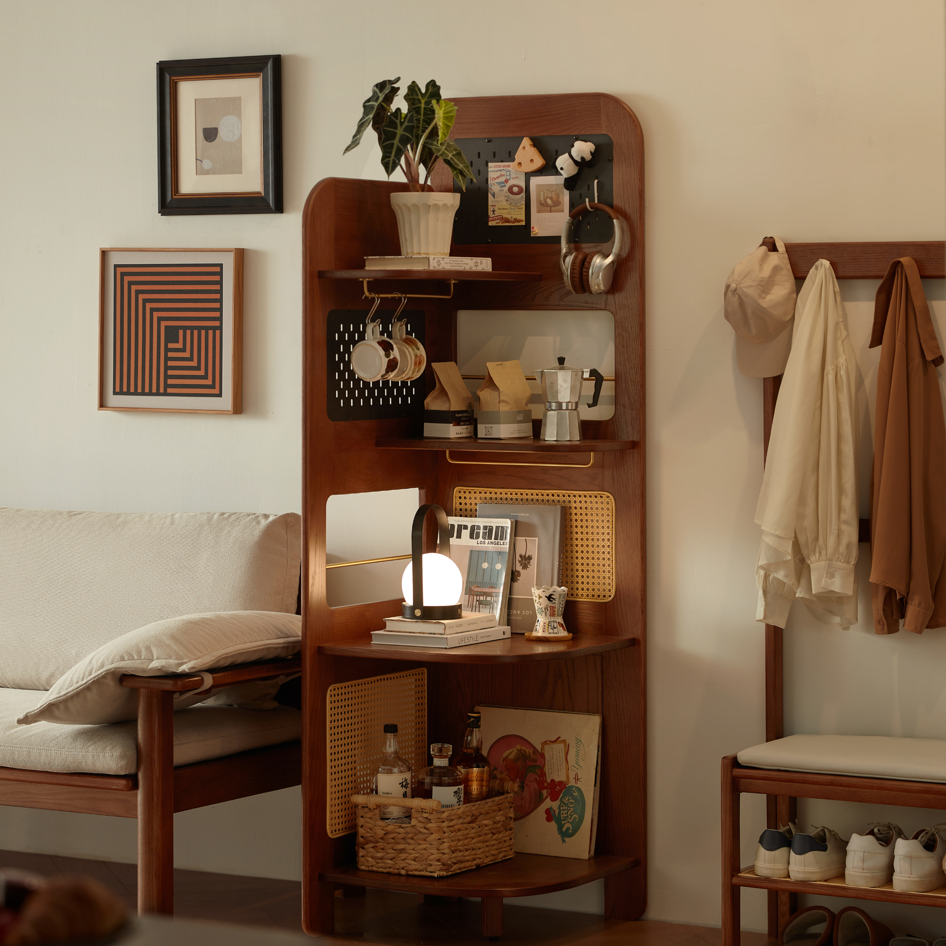 Linspire Walden Solid Wood & Rattan Shelving Unit with Pegboard, Walnut Oak