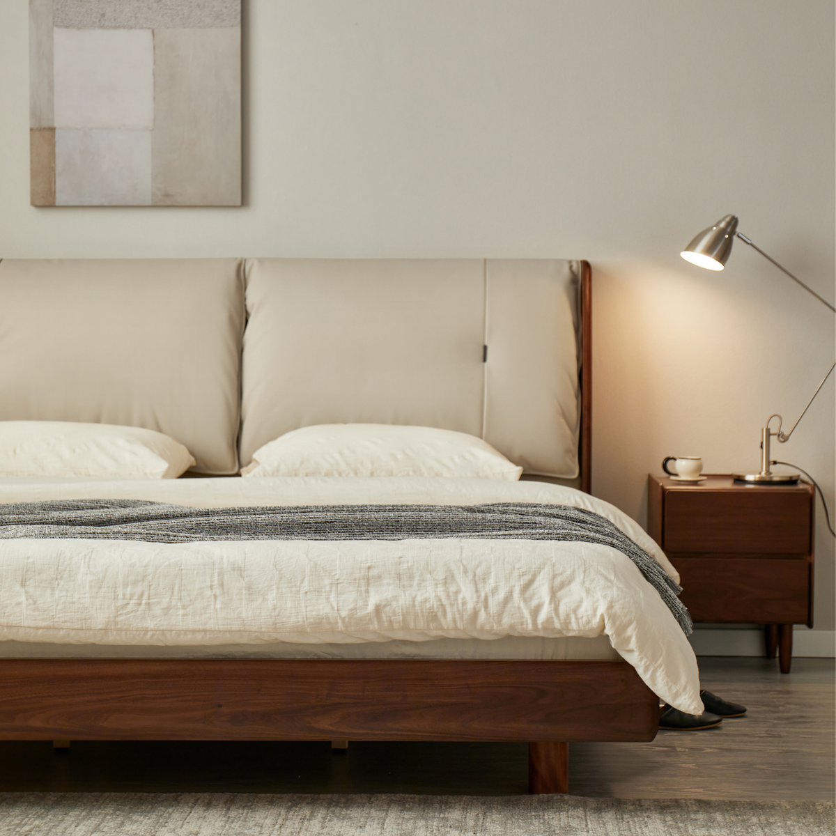 Linspire Vista Solid Wood Bed Frame with Leather Headboard, American Black Walnut