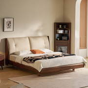 Linspire Vista Solid Wood Bed Frame with Leather Headboard, American Black Walnut