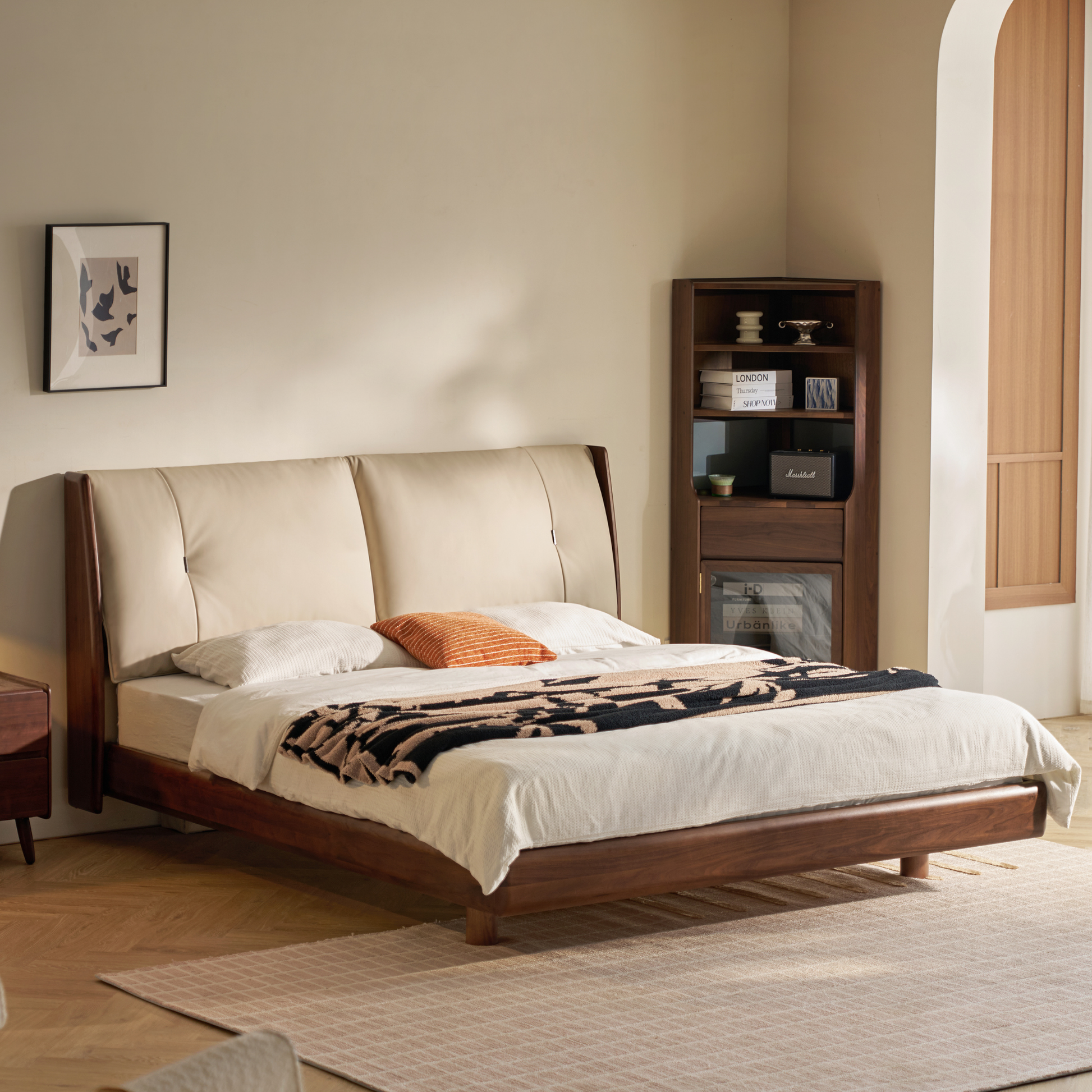 Linspire Vista Solid Wood Bed Frame with Leather Headboard, American Black Walnut
