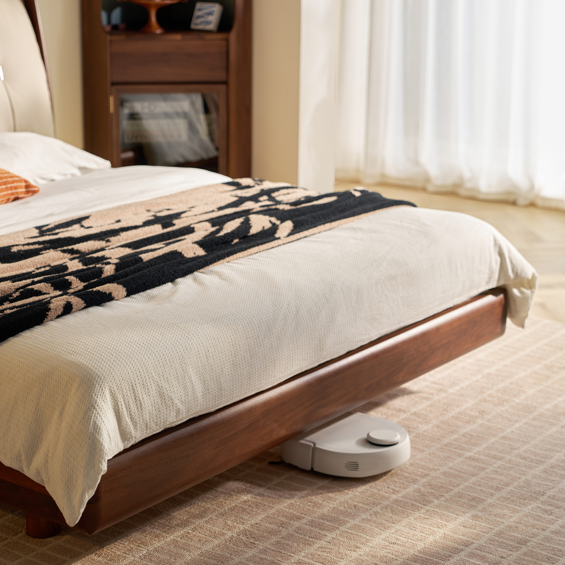 Linspire Vista Solid Wood Bed Frame with Leather Headboard, American Black Walnut