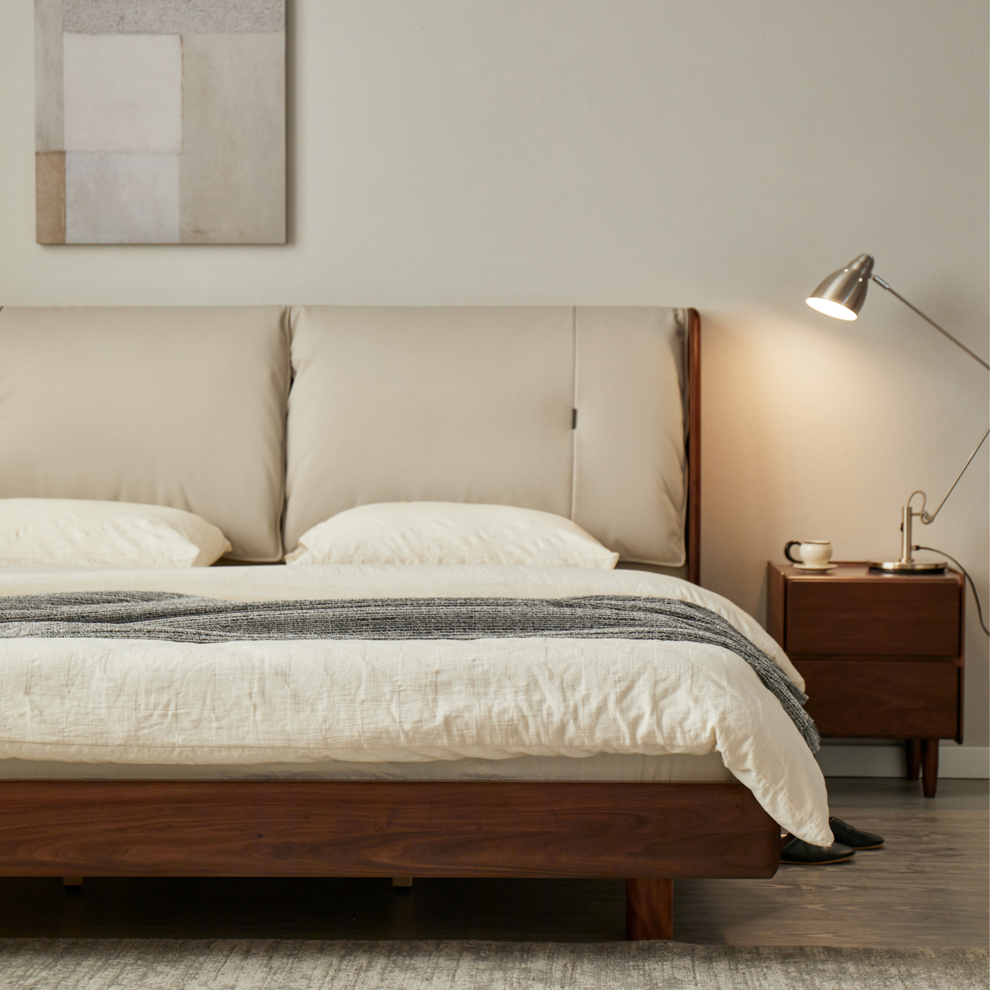 Linspire Vista Solid Wood Bed Frame with Leather Headboard, American Black Walnut