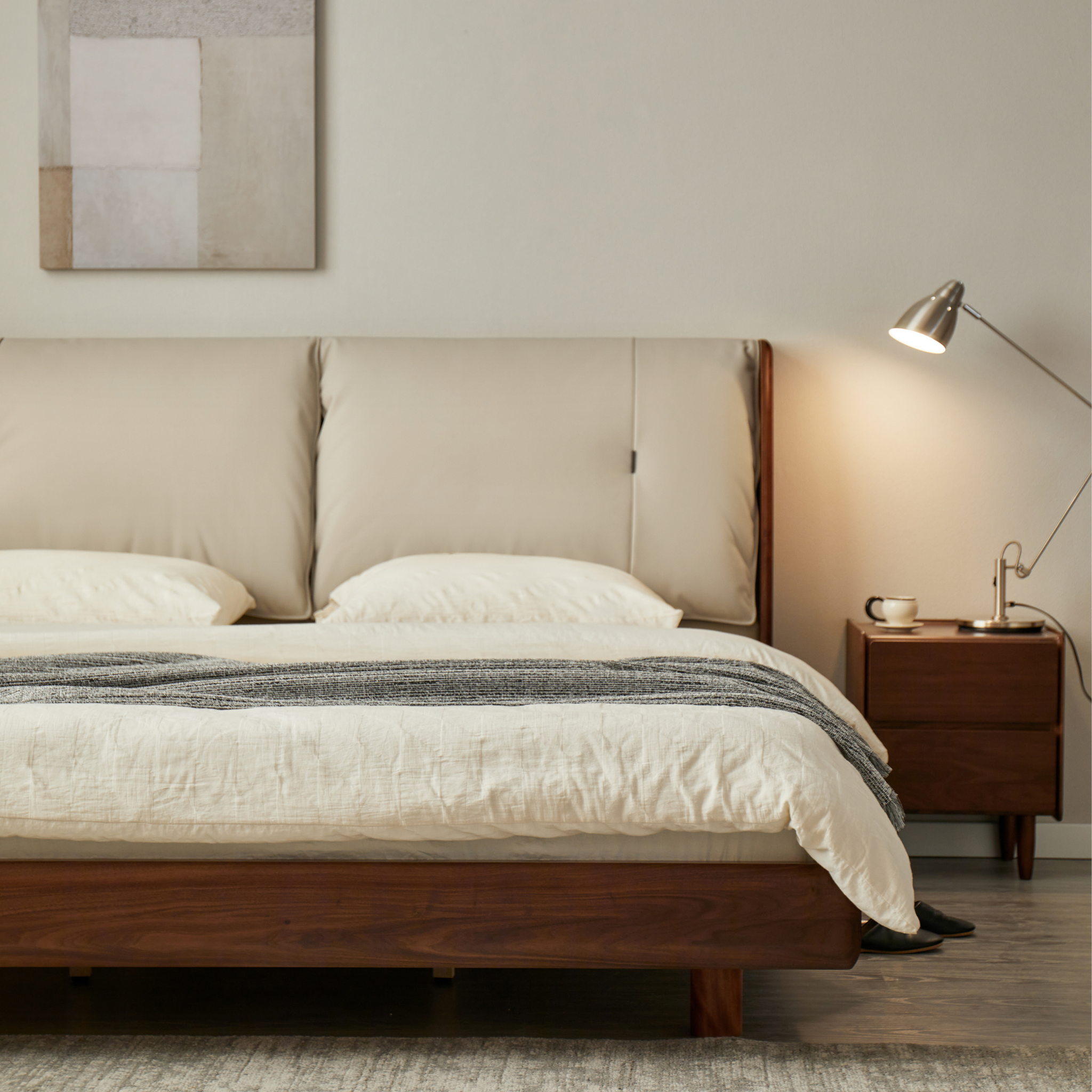 Linspire Vista Solid Wood Bed Frame with Leather Headboard, American Black Walnut