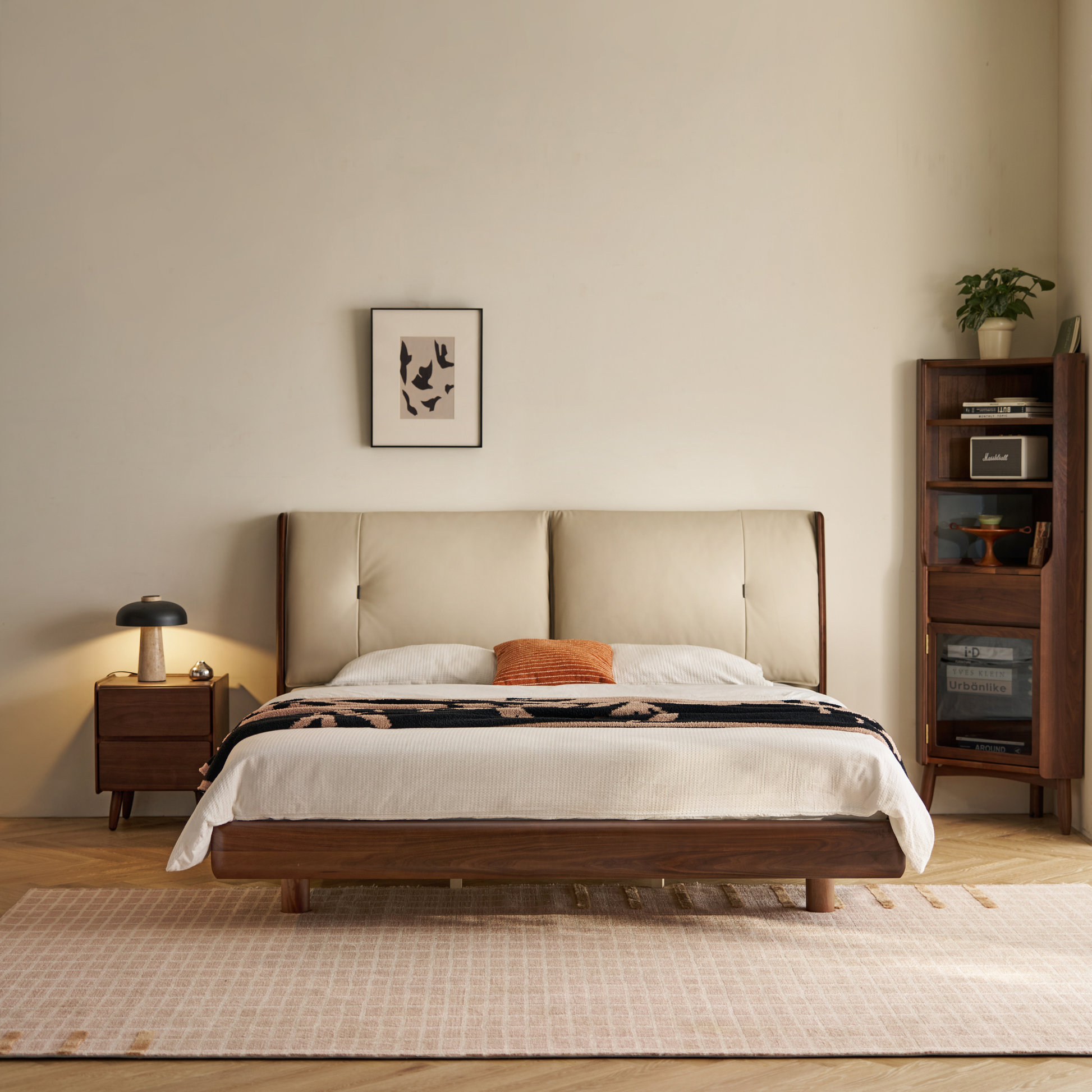 Linspire Vista Solid Wood Bed Frame with Leather Headboard, American Black Walnut