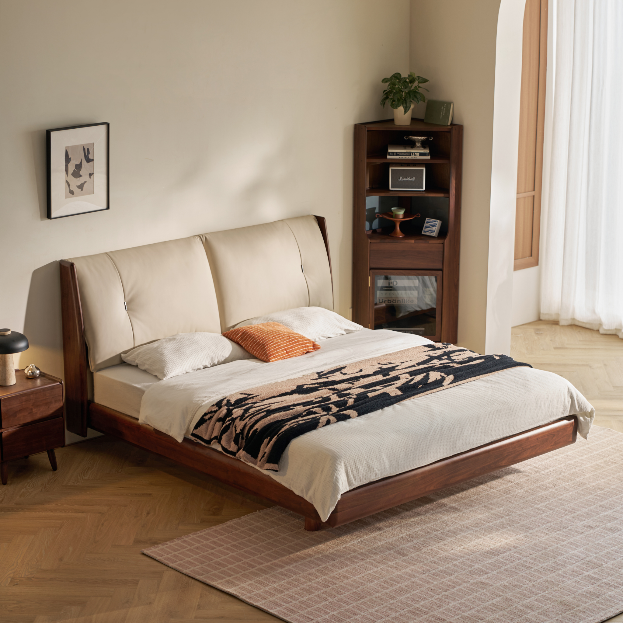 Linspire Vista Solid Wood Bed Frame with Leather Headboard, American Black Walnut