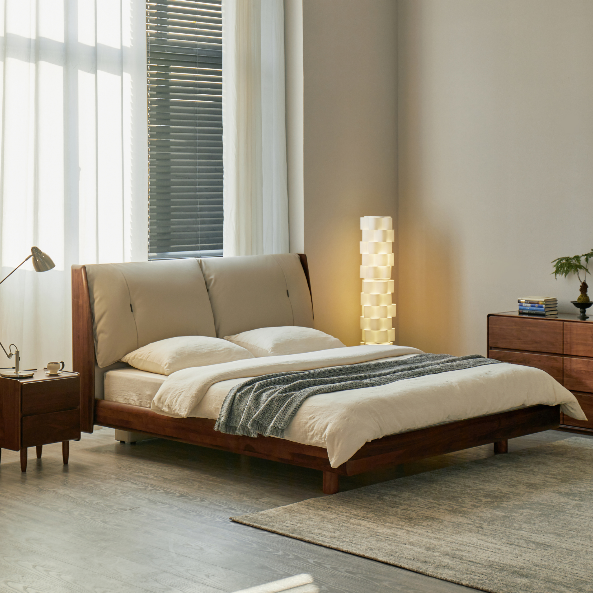Linspire Vista Solid Wood Bed Frame with Leather Headboard, American Black Walnut