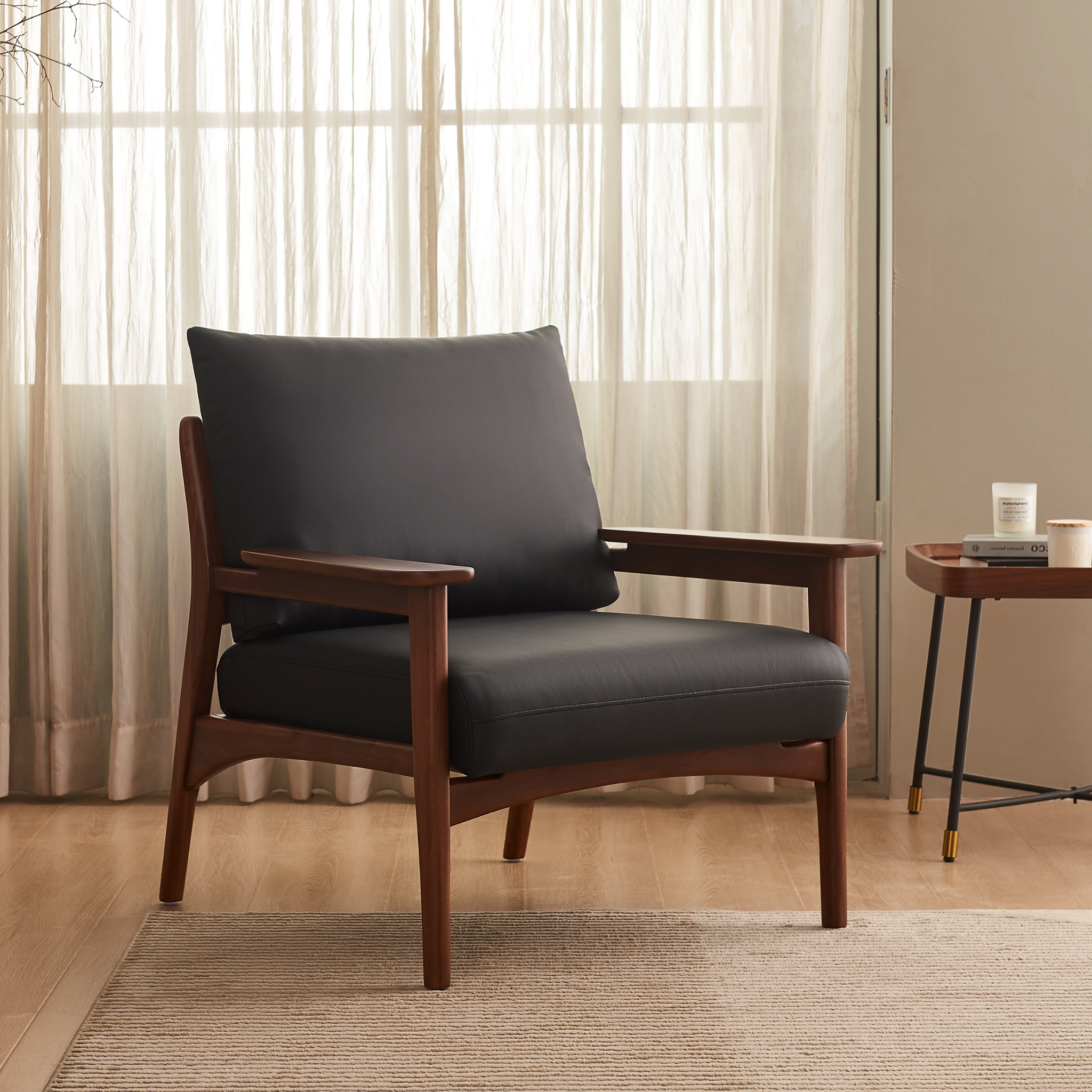 Linspire Walden Leather Armchair with Solid Wood Frame, Walnut