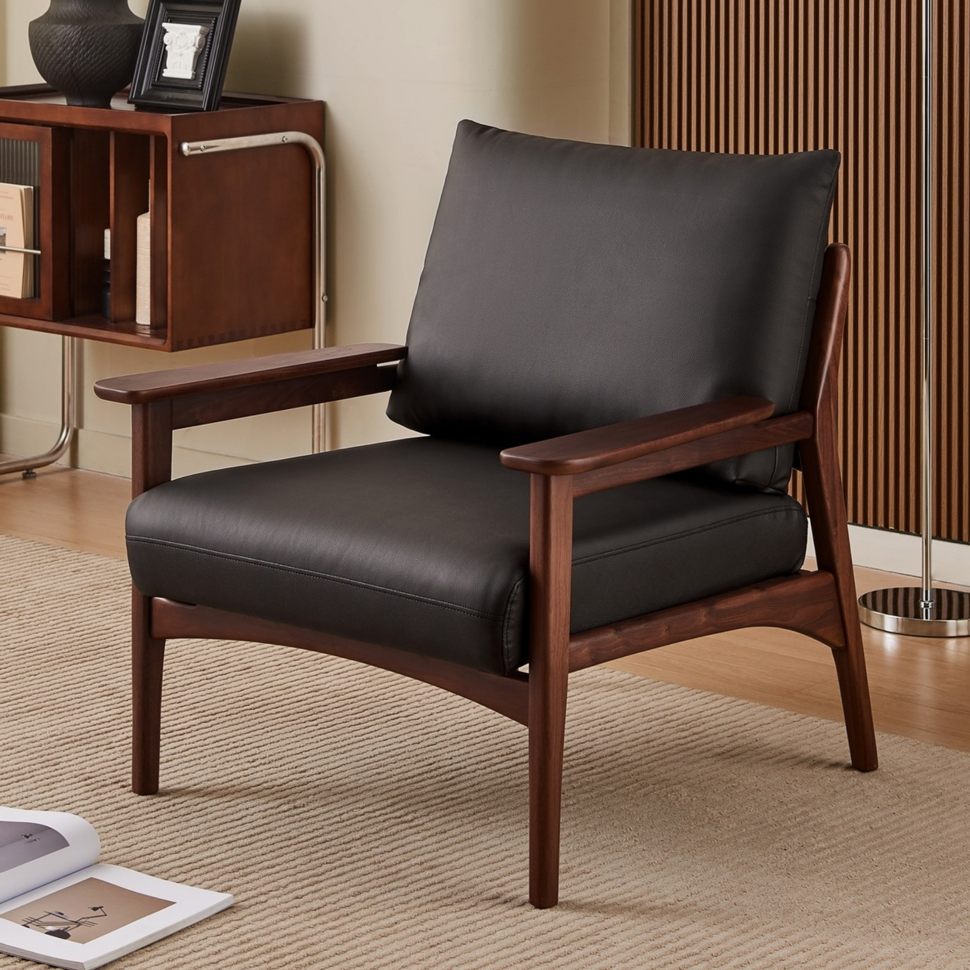 Linspire Walden Leather Armchair with Solid Wood Frame, Walnut