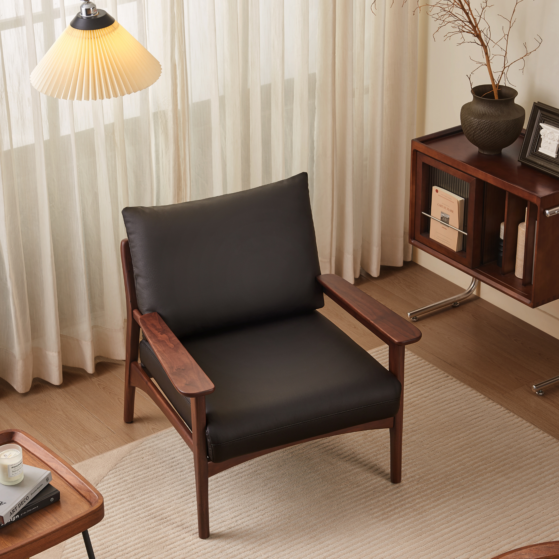 Linspire Walden Leather Armchair with Solid Wood Frame, Walnut
