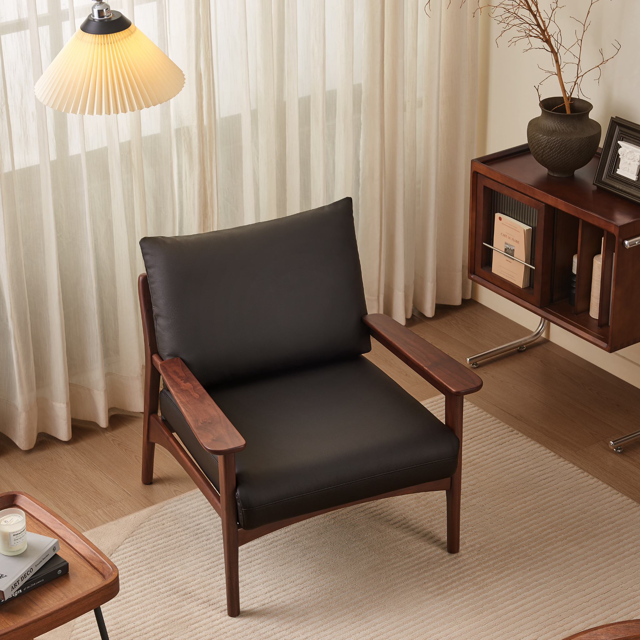 Linspire Walden Leather Armchair with Solid Wood Frame, Walnut