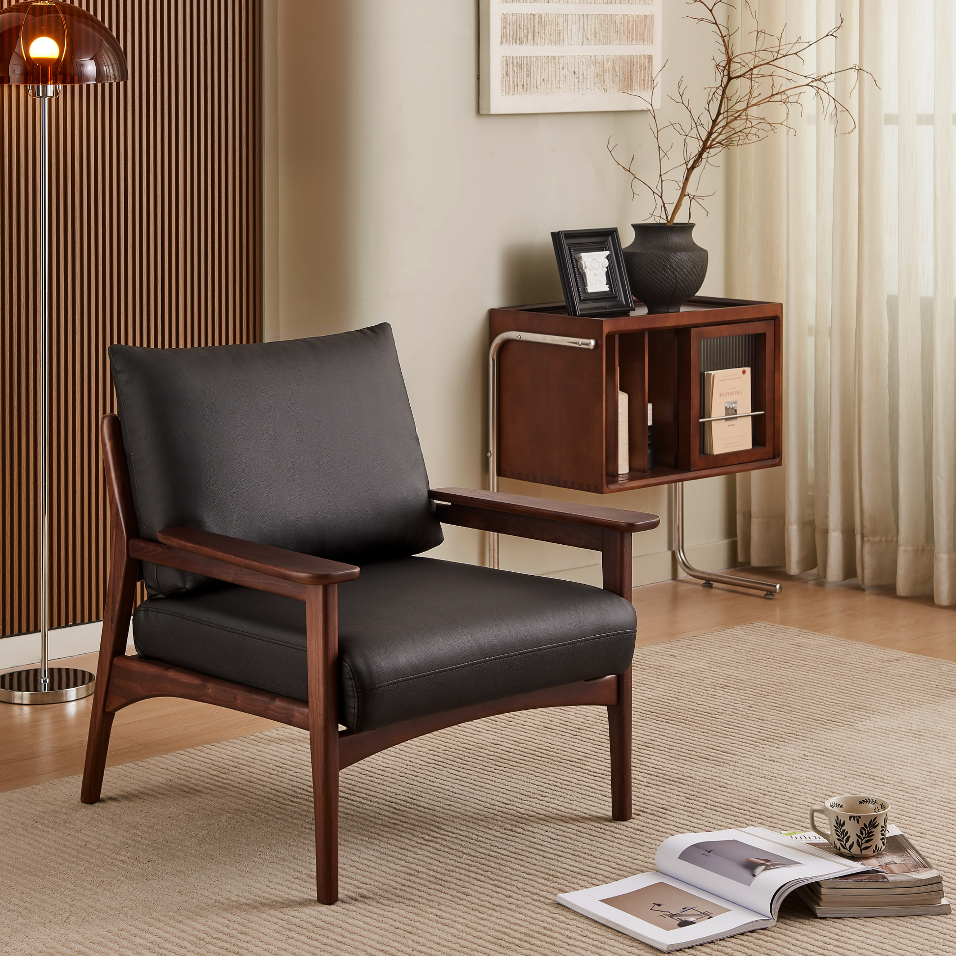Linspire Walden Leather Armchair with Solid Wood Frame, Walnut