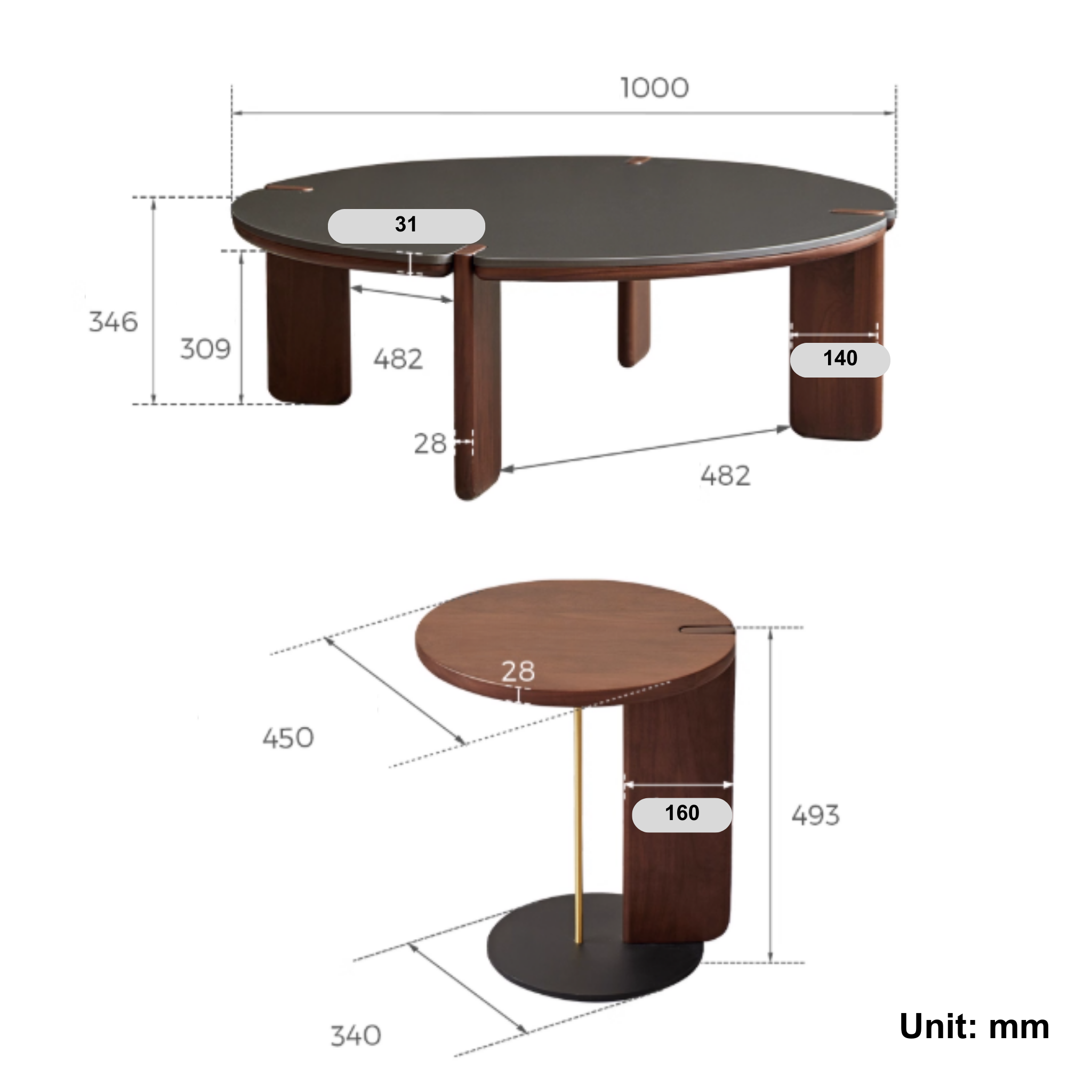 Linspire Vista Solid Wood Coffee Table Set with Sintered Stone Top, American Black Walnut