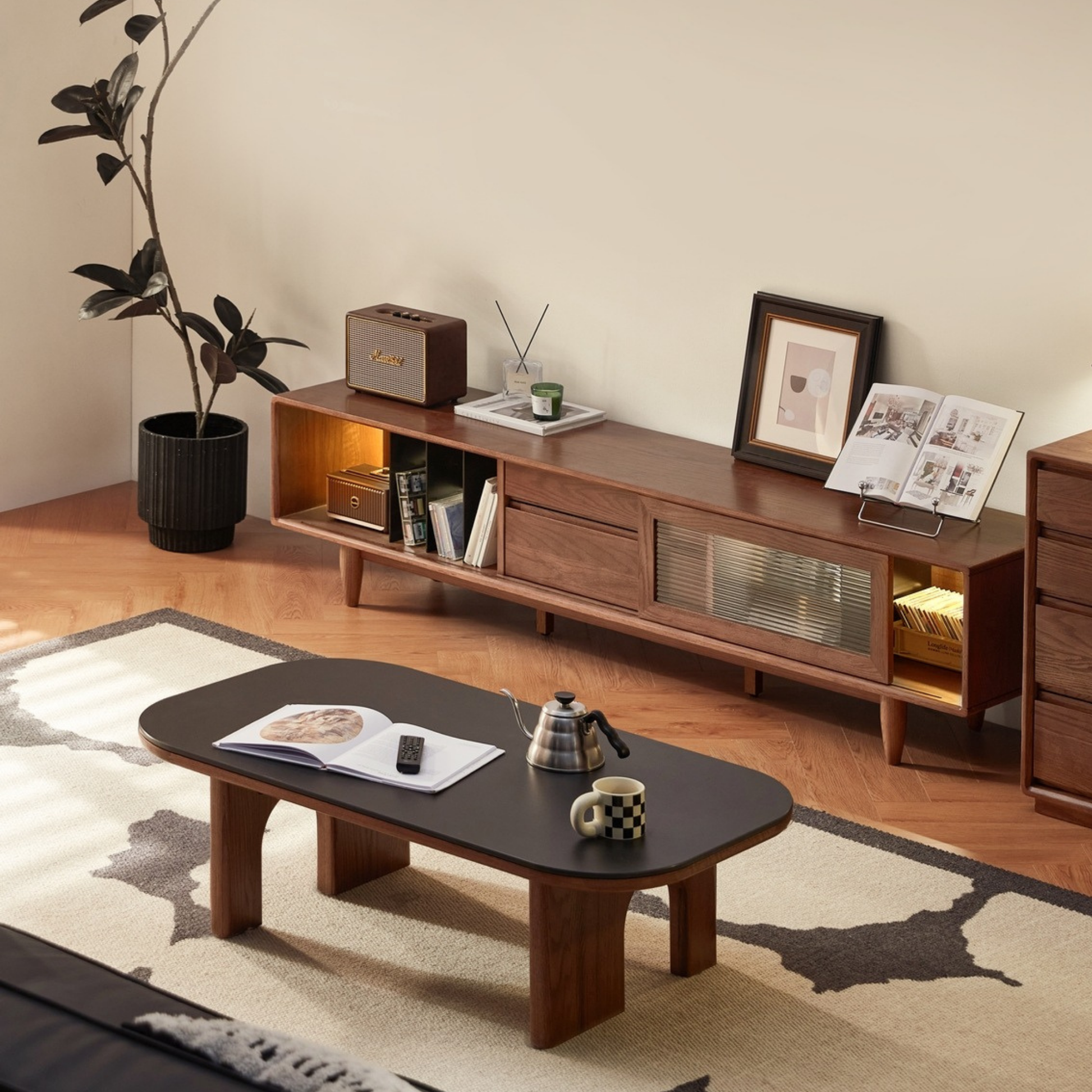 Linspire Walden Solid Wood Coffee Table with Sintered Stone Top, Walnut Oak