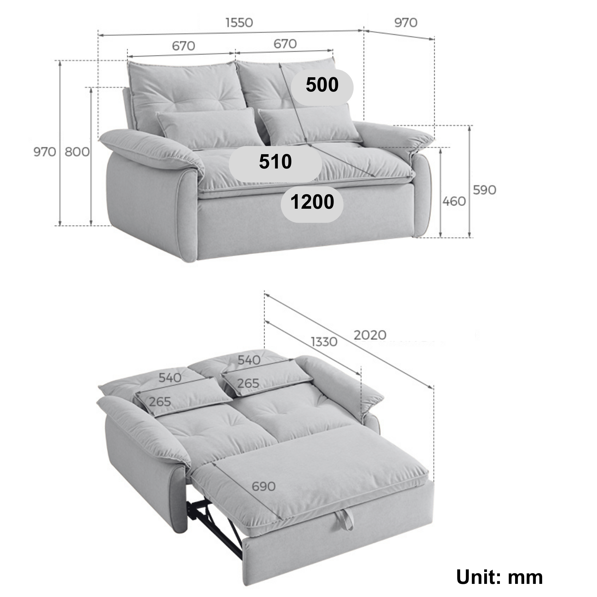 Linspire Rilla 2-Seater Sofa Bed, Pet-Friendly Fabric, Grey