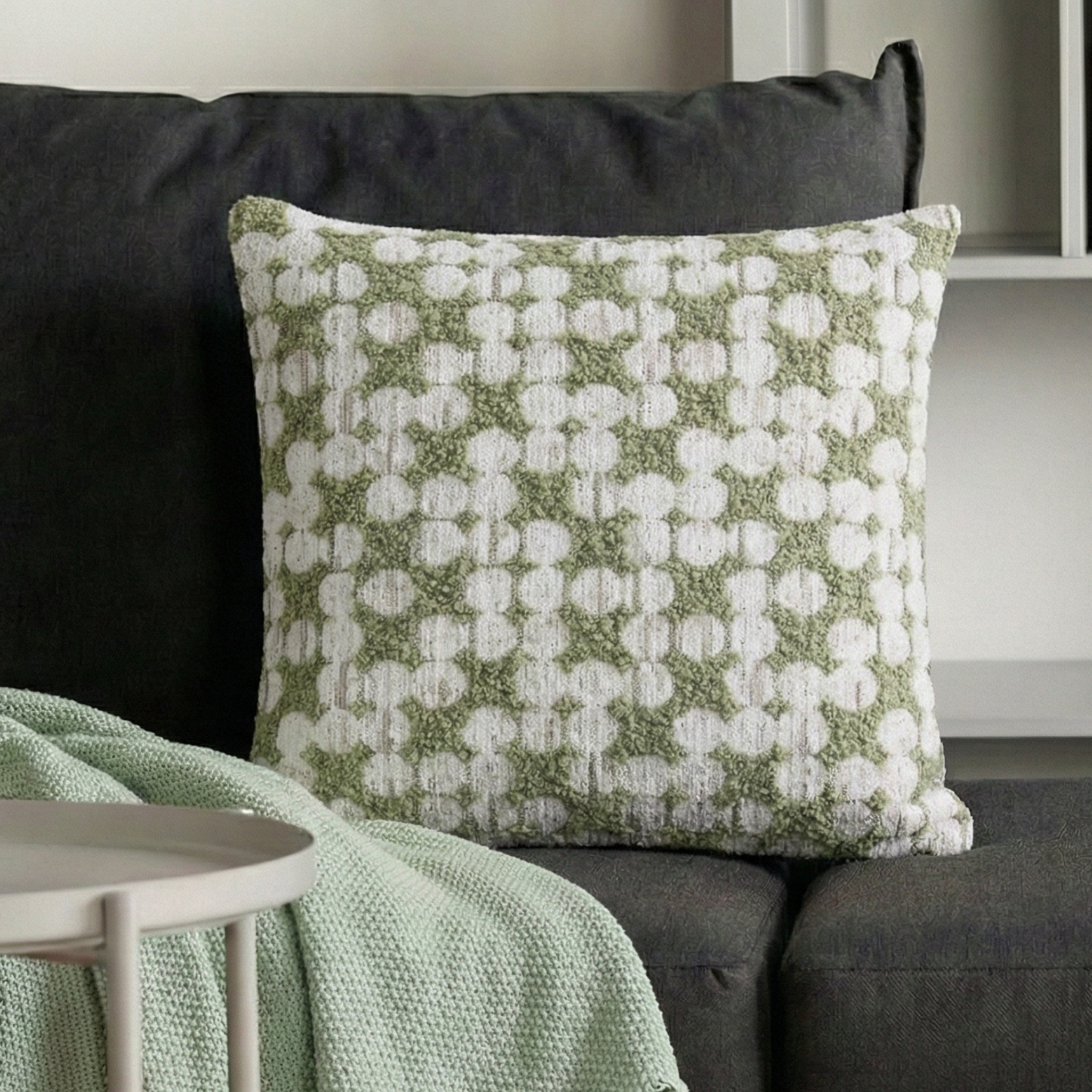 MODE Bloom Patterned Boucle Cushion, Green & White