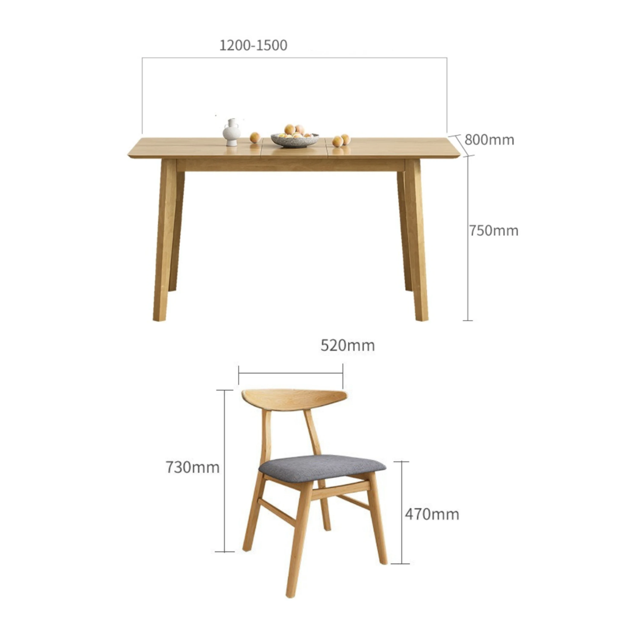 Loft Hansan Extendable Dining Table with 4 chairs, Natural Wood
