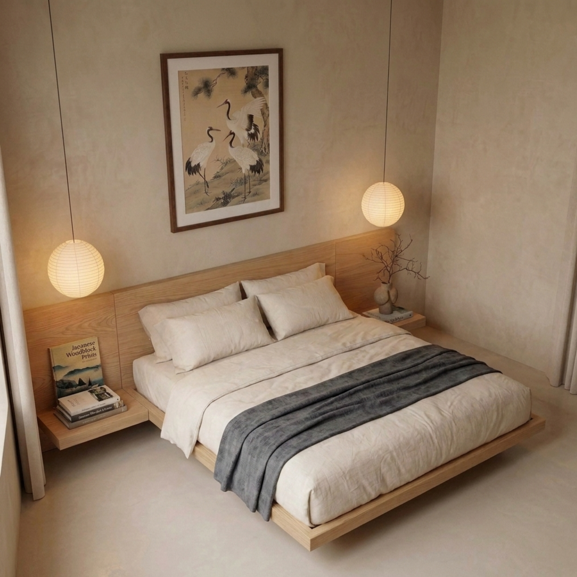 Loft Japandi NZ Queen Platform Bed Frame with 2 Bedside Tables