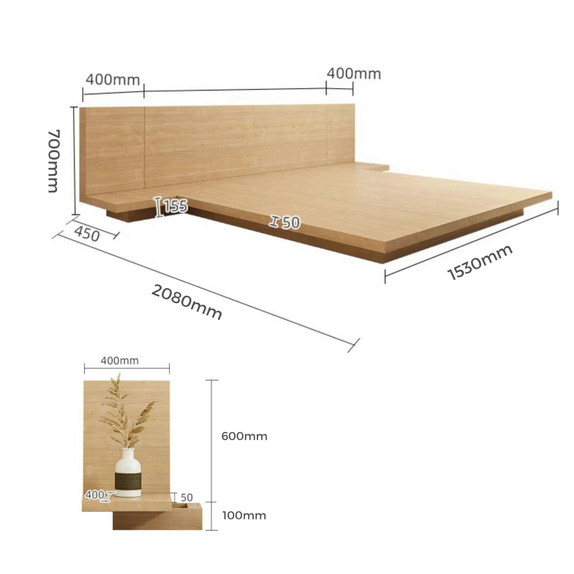 Loft Japandi NZ Queen Platform Bed Frame with 2 Bedside Tables