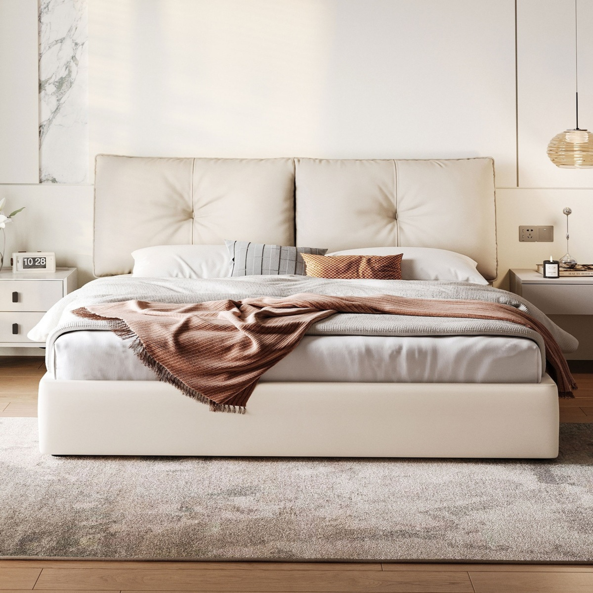 Linspire Nebula Global Super King Bed Frame, Pet-Friendly Fabric, Light Sand