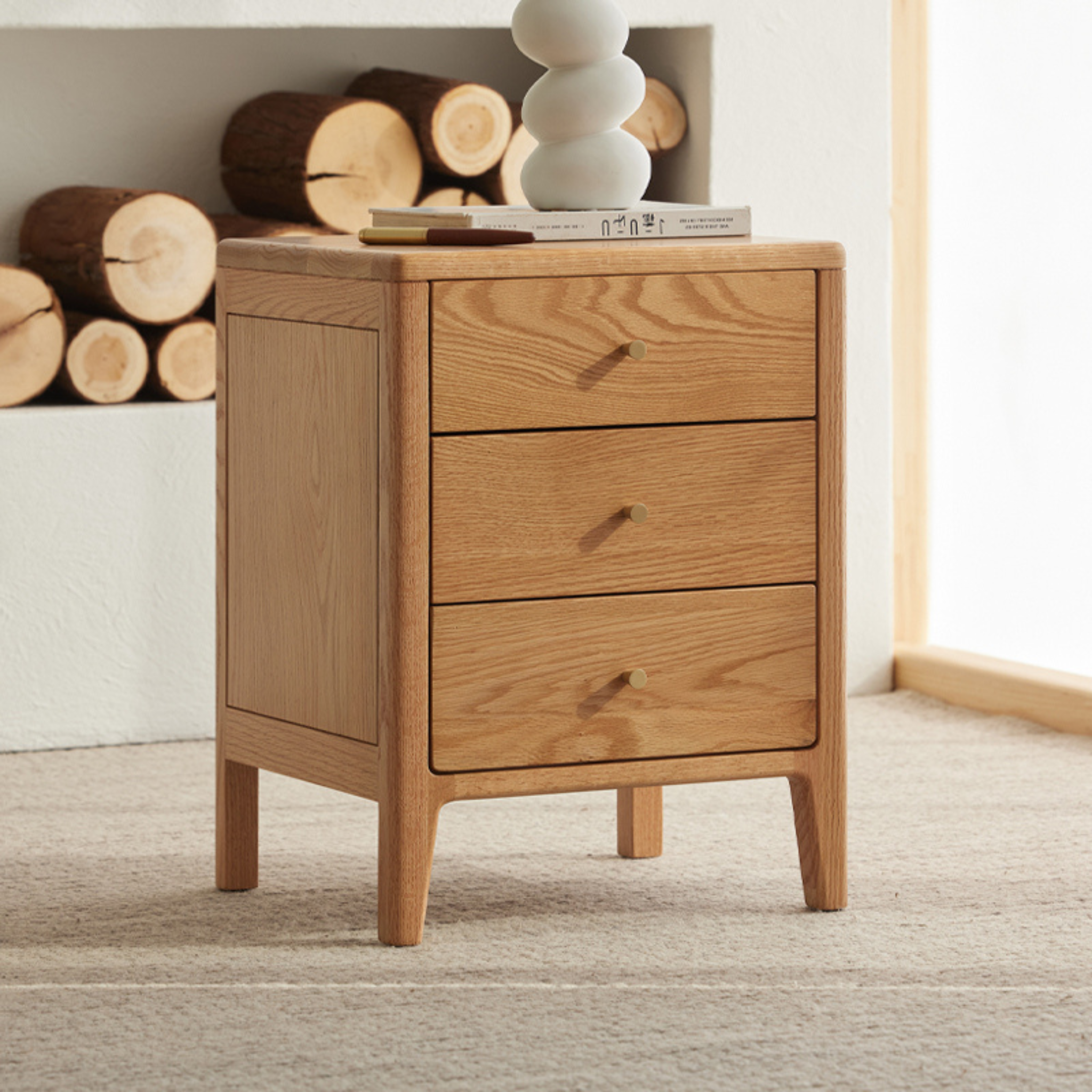 Solidwood Norway Bedside Table with 3 Drawers, Oak