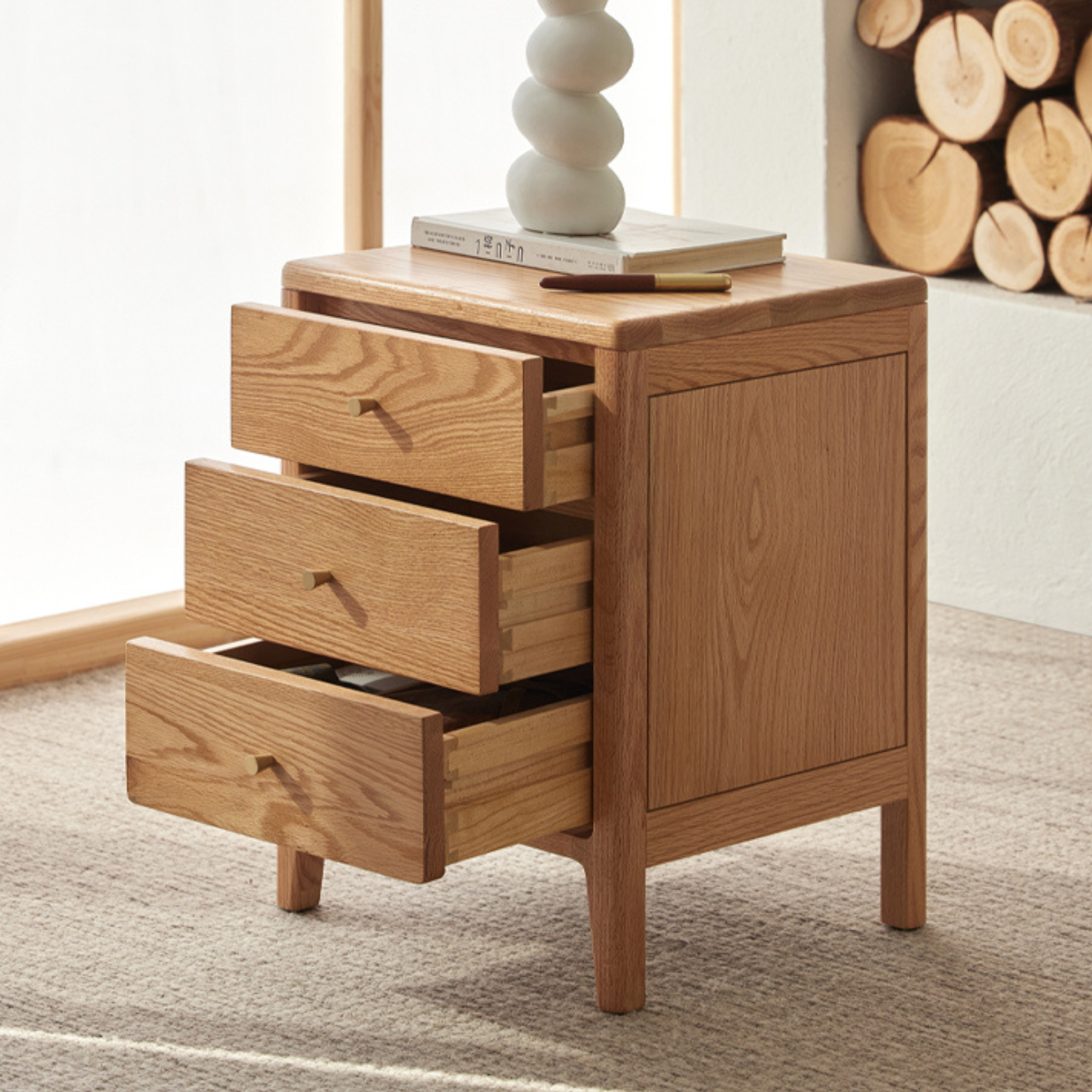 Solidwood Norway Bedside Table with 3 Drawers, Oak