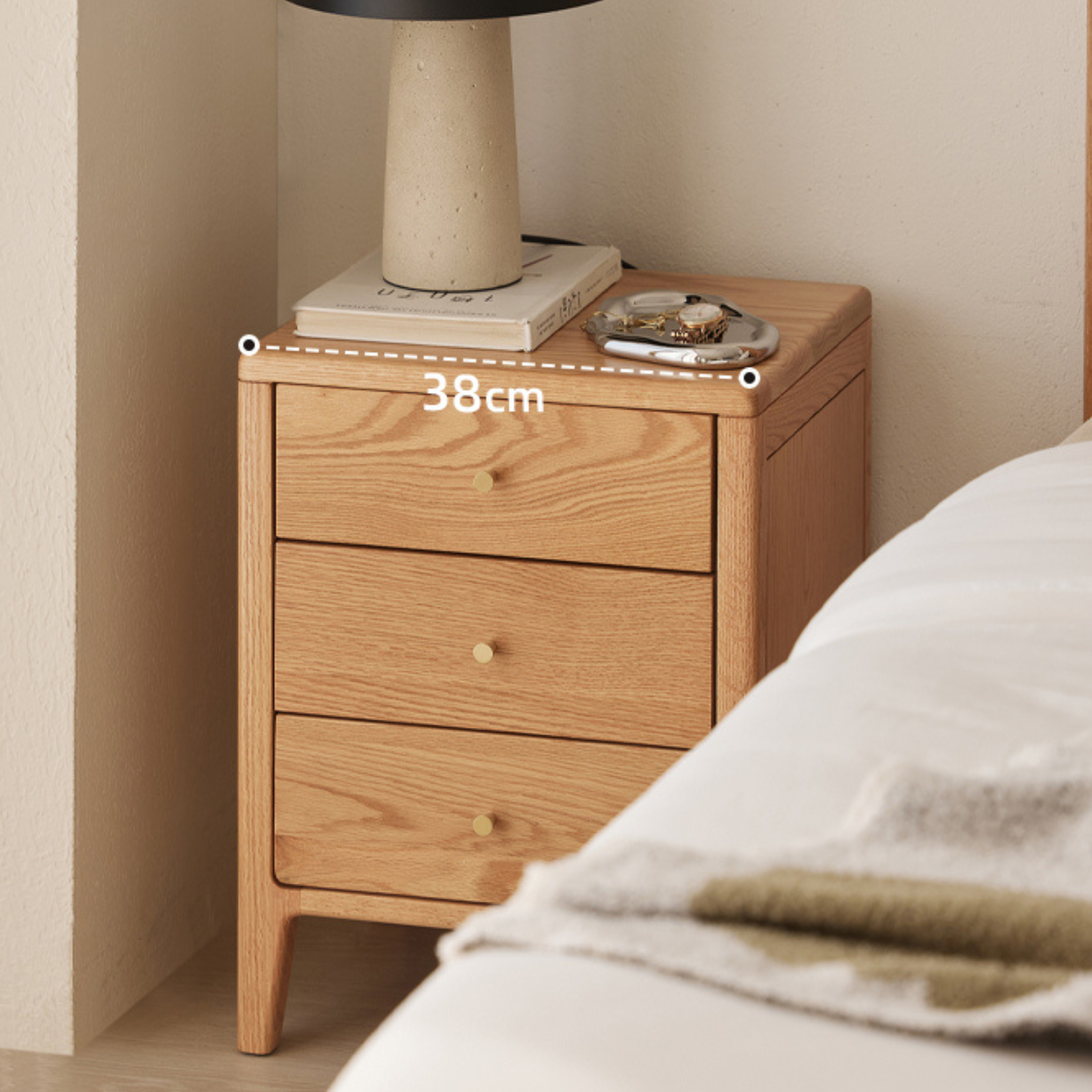 Solidwood Norway Bedside Table with 3 Drawers, Oak