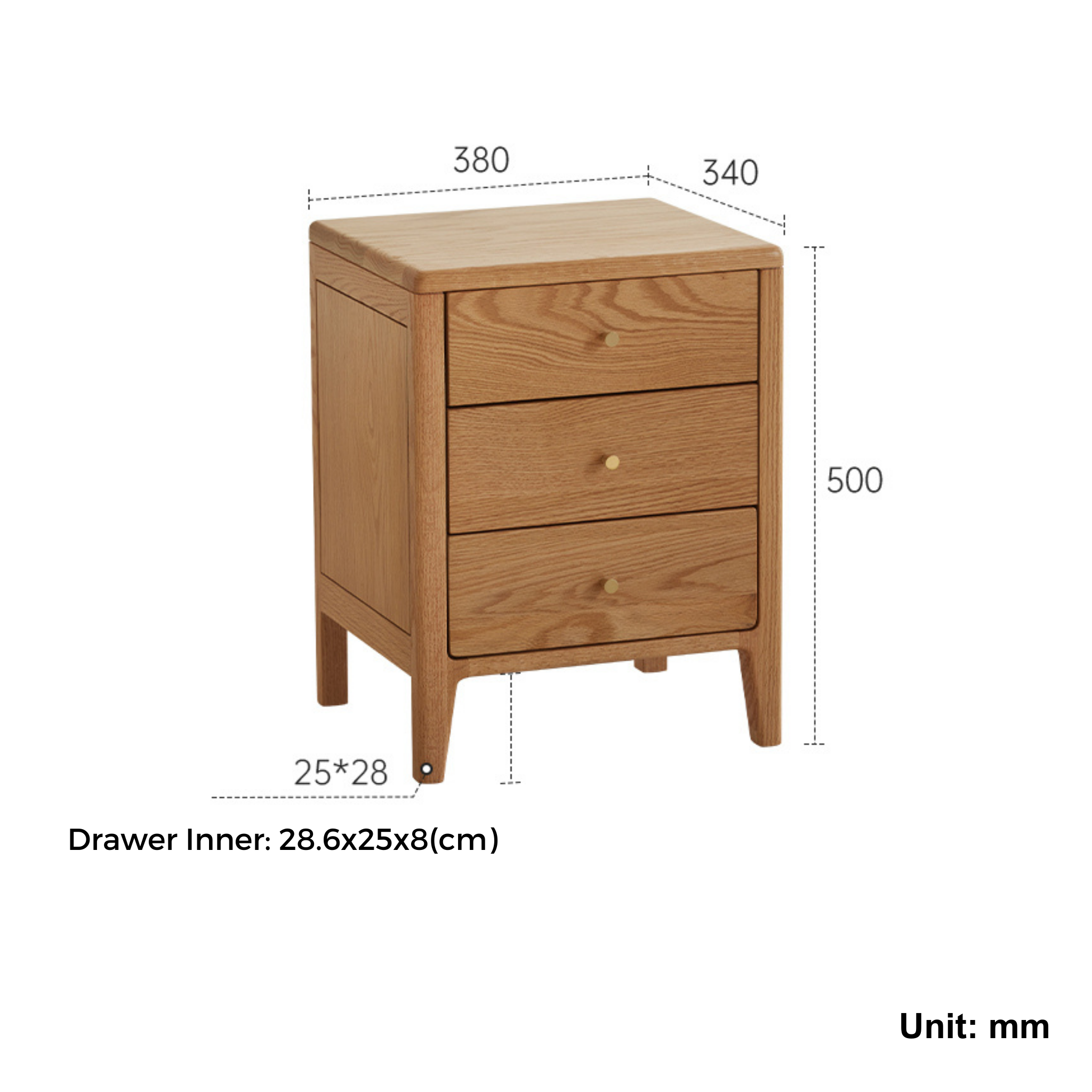 Solidwood Norway Bedside Table with 3 Drawers, Oak