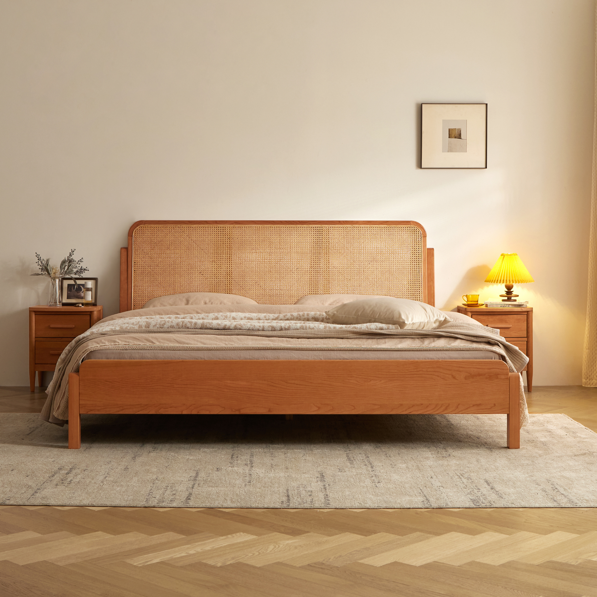 Solidwood Wenrik Global Queen Bed Frame with Adjustable Rattan Headboard, Cherry Wood