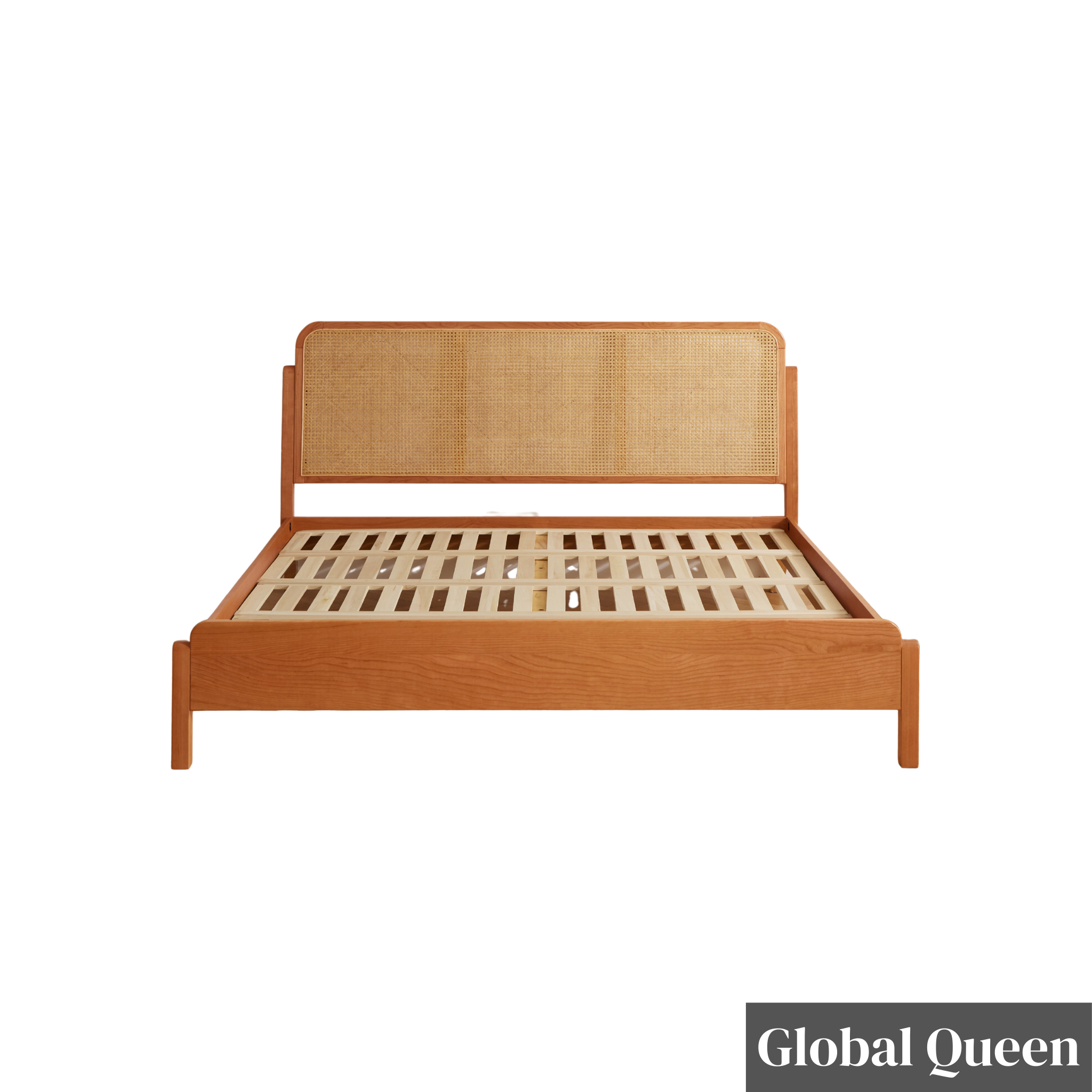 Solidwood Wenrik Global Queen Bed Frame with Adjustable Rattan Headboard, Cherry Wood