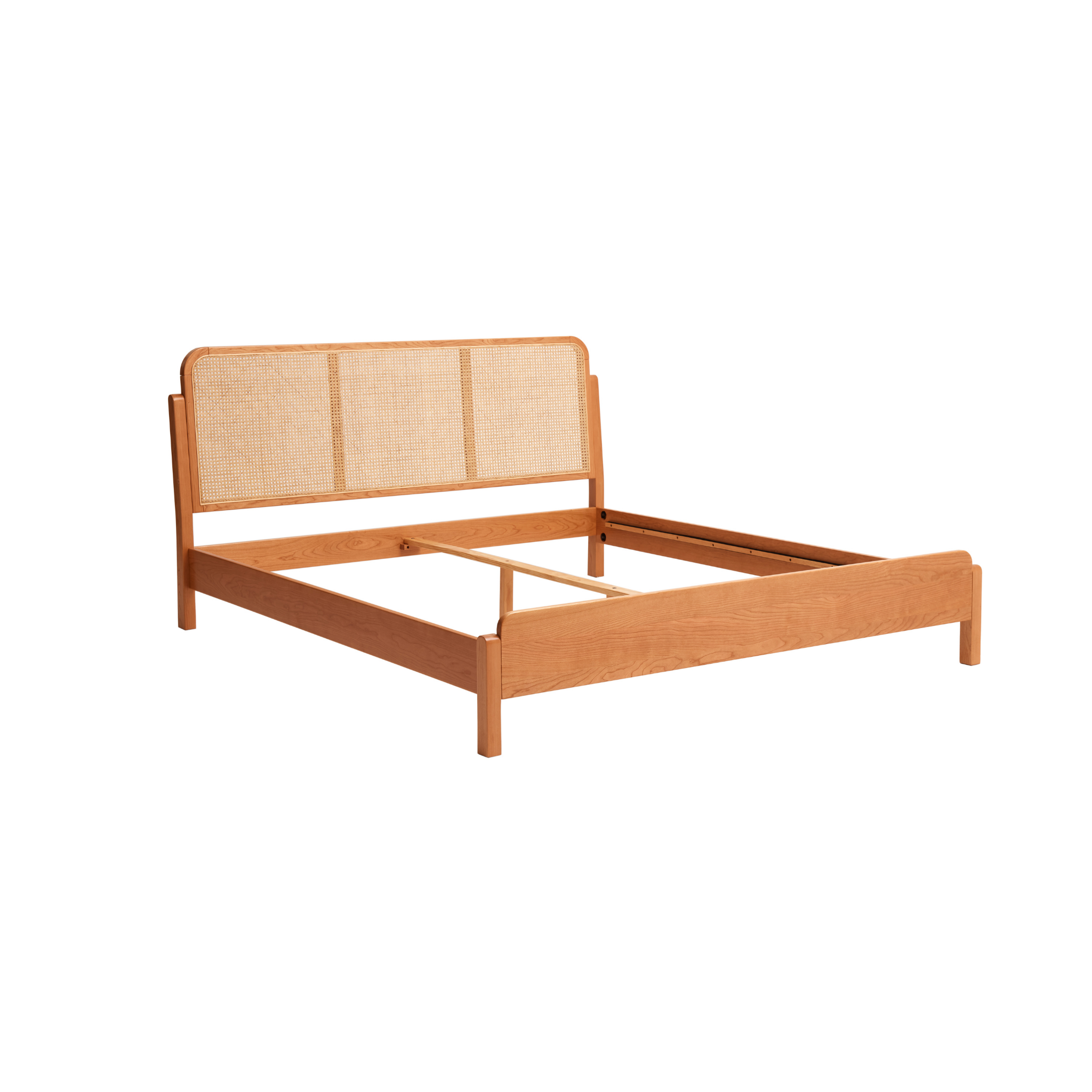Solidwood Wenrik Global Queen Bed Frame with Adjustable Rattan Headboard, Cherry Wood