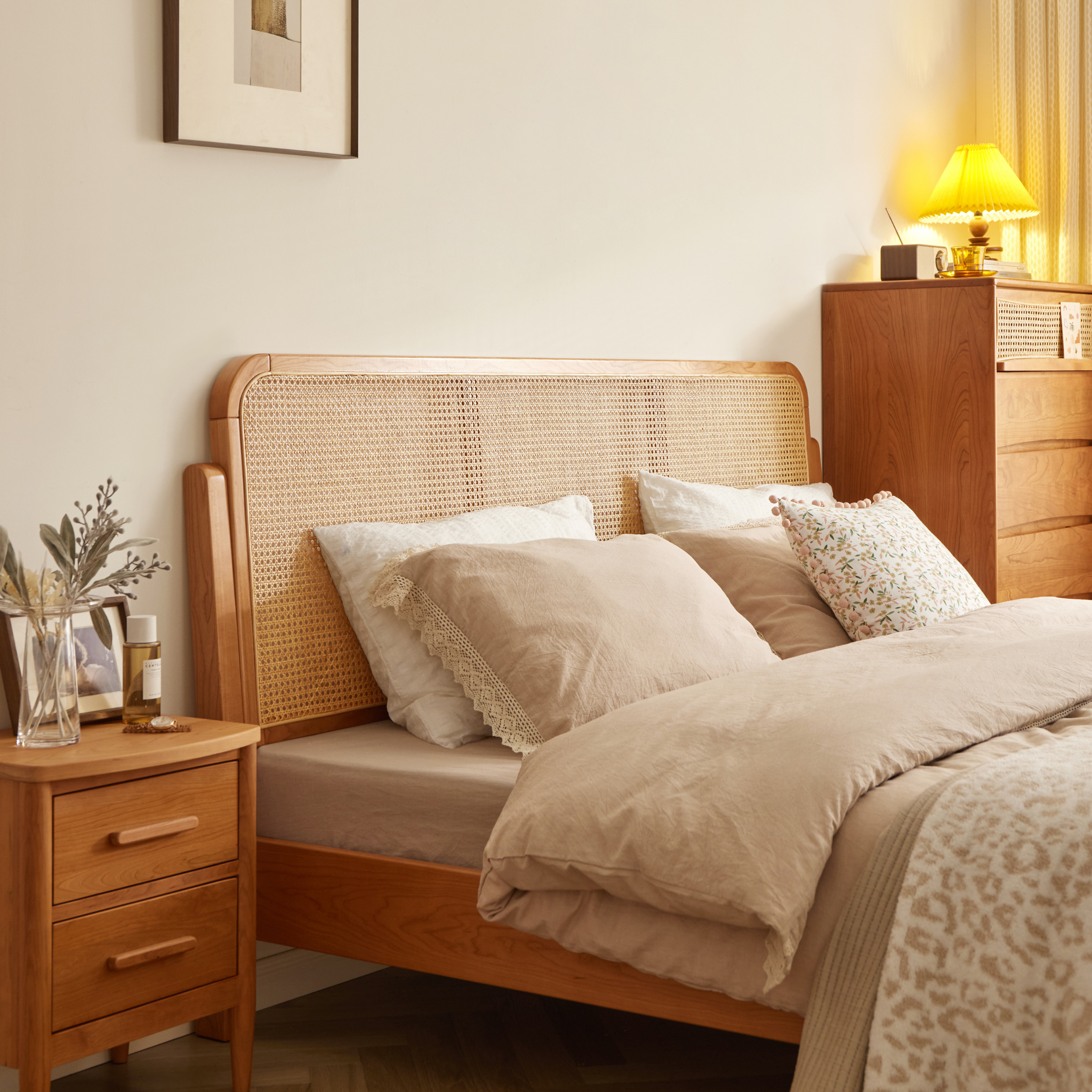 Solidwood Wenrik Global Queen Bed Frame with Adjustable Rattan Headboard, Cherry Wood