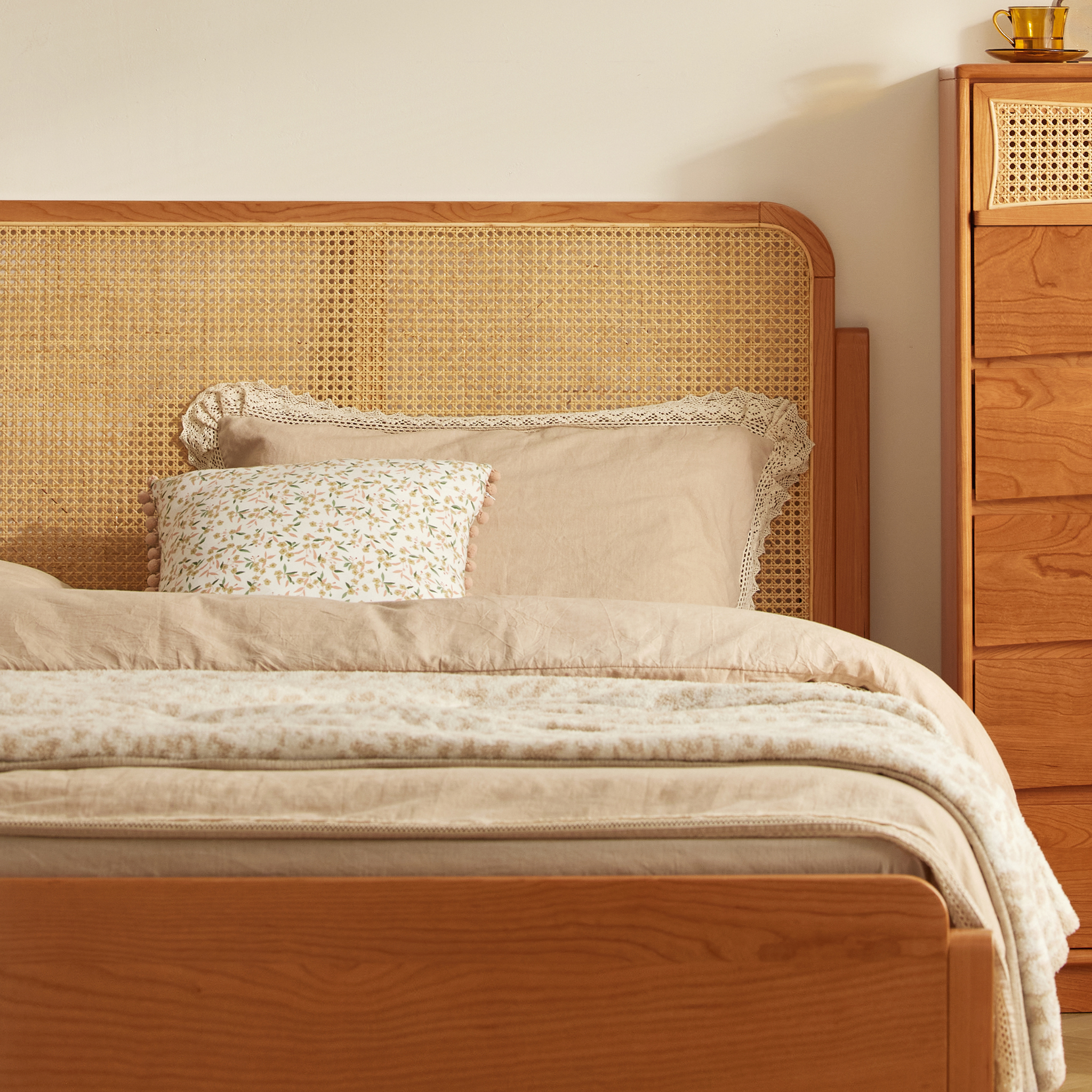 Solidwood Wenrik Global Queen Bed Frame with Adjustable Rattan Headboard, Cherry Wood