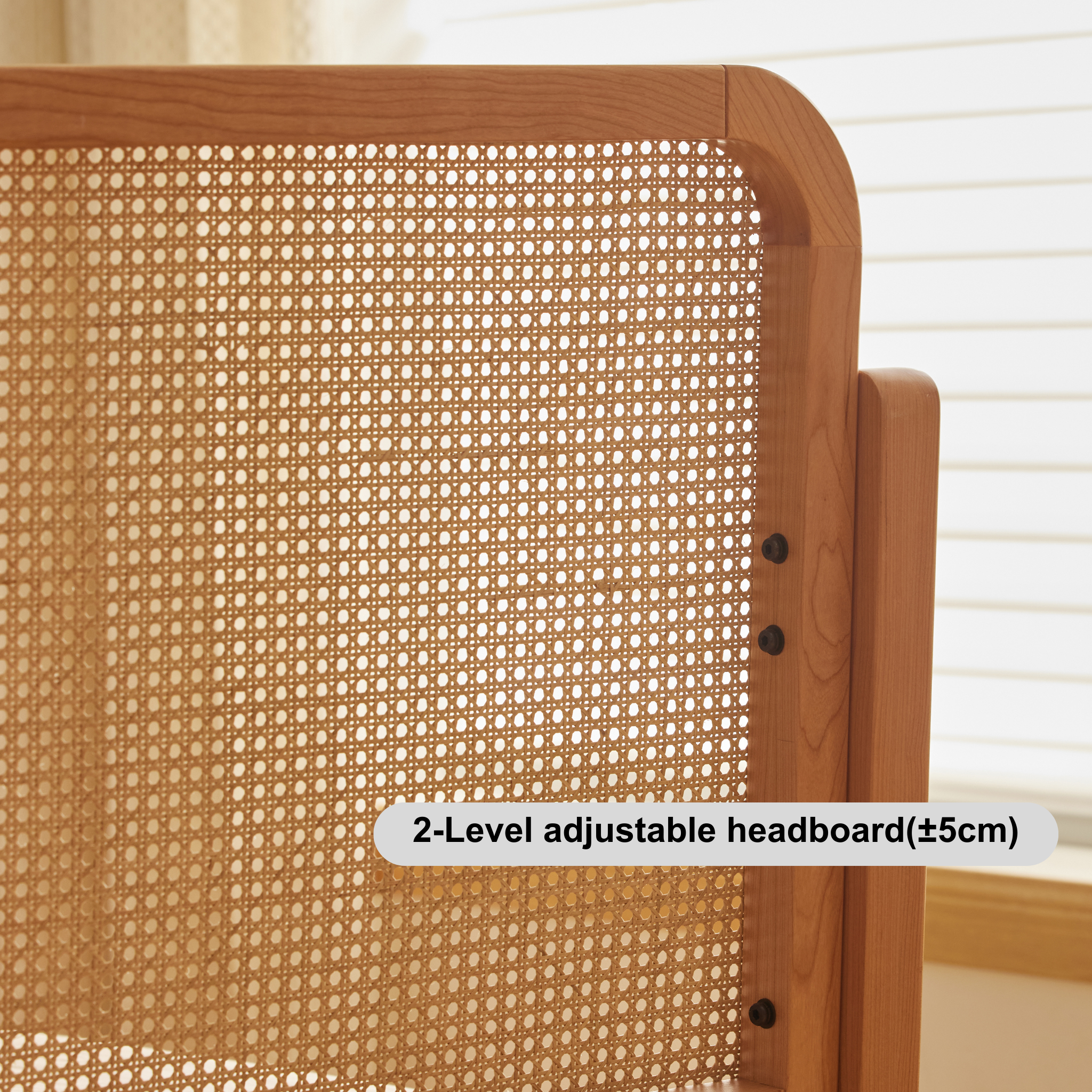 Solidwood Wenrik Global Queen Bed Frame with Adjustable Rattan Headboard, Cherry Wood