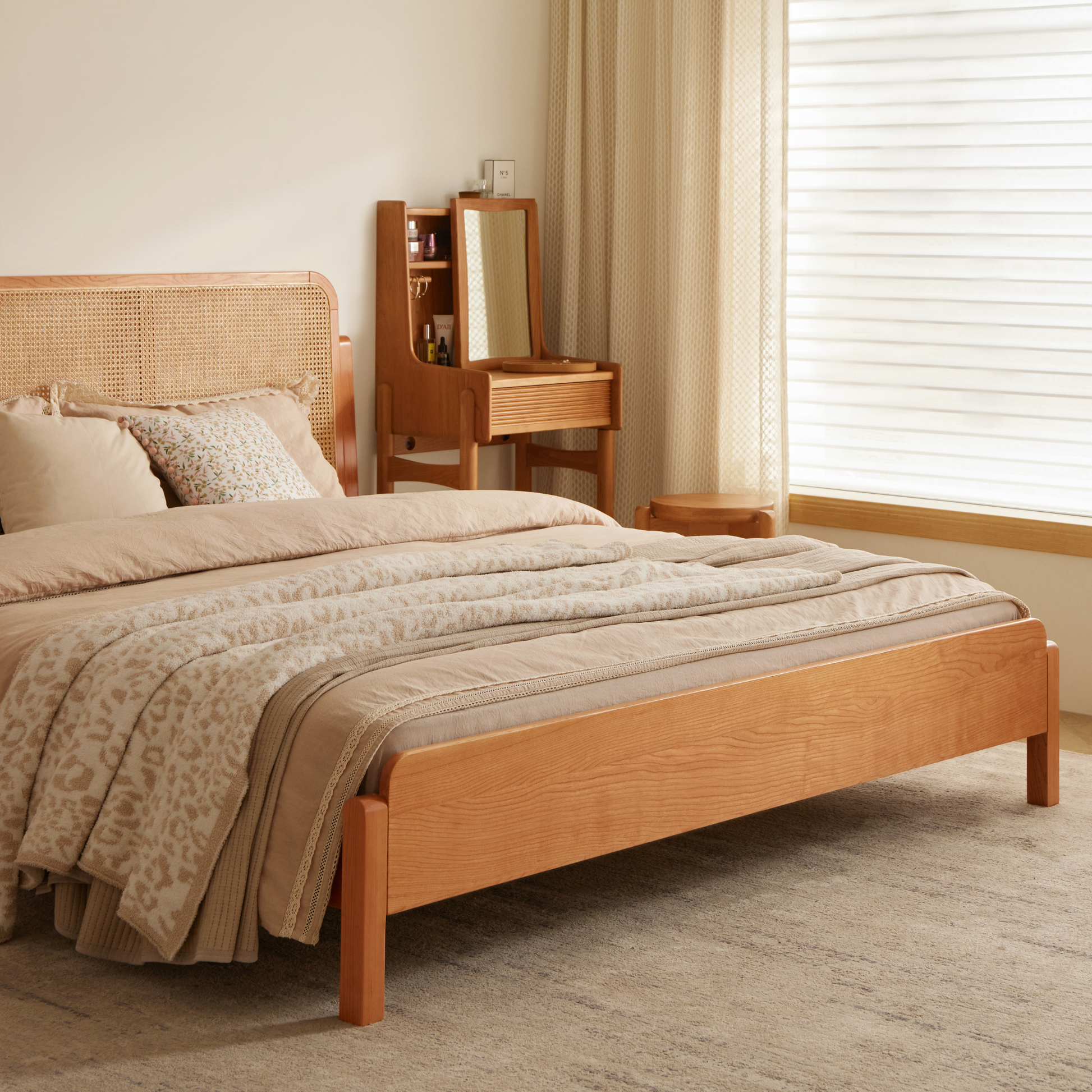 Solidwood Wenrik Global Queen Bed Frame with Adjustable Rattan Headboard, Cherry Wood