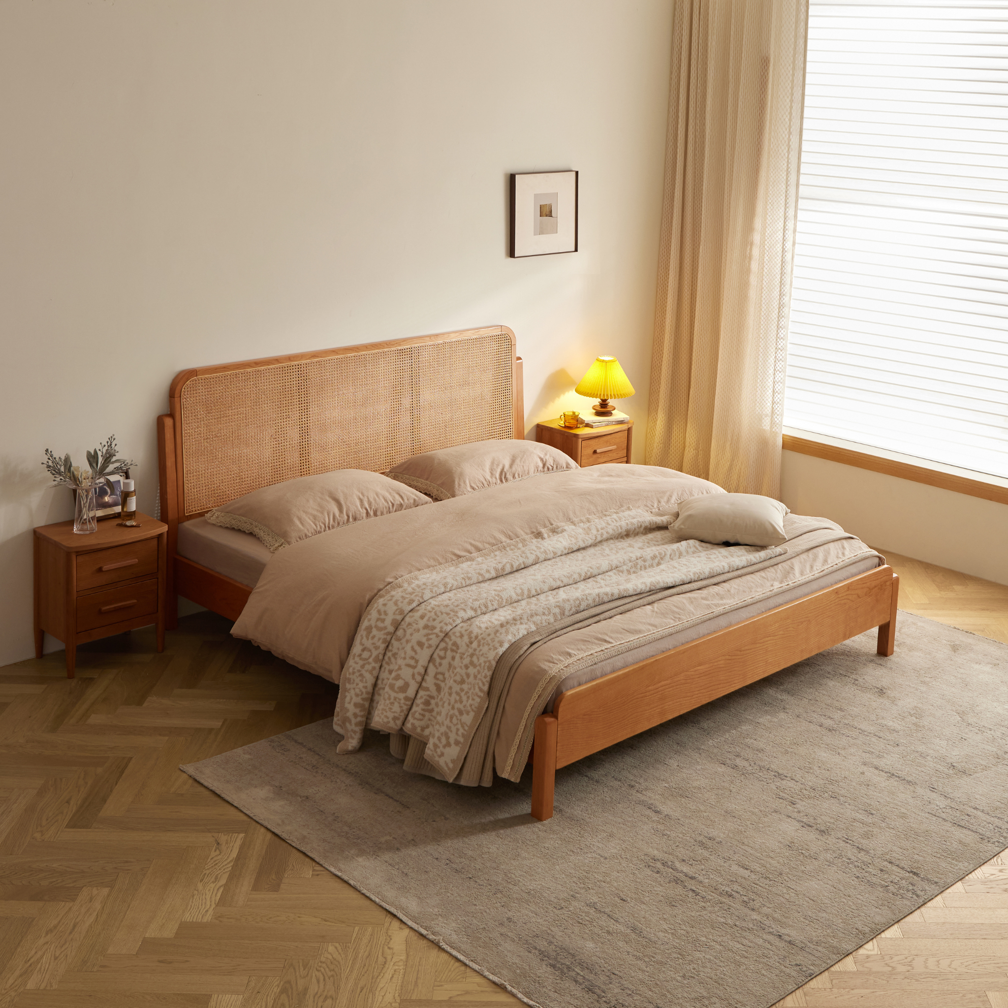 Solidwood Wenrik Global Queen Bed Frame with Adjustable Rattan Headboard, Cherry Wood